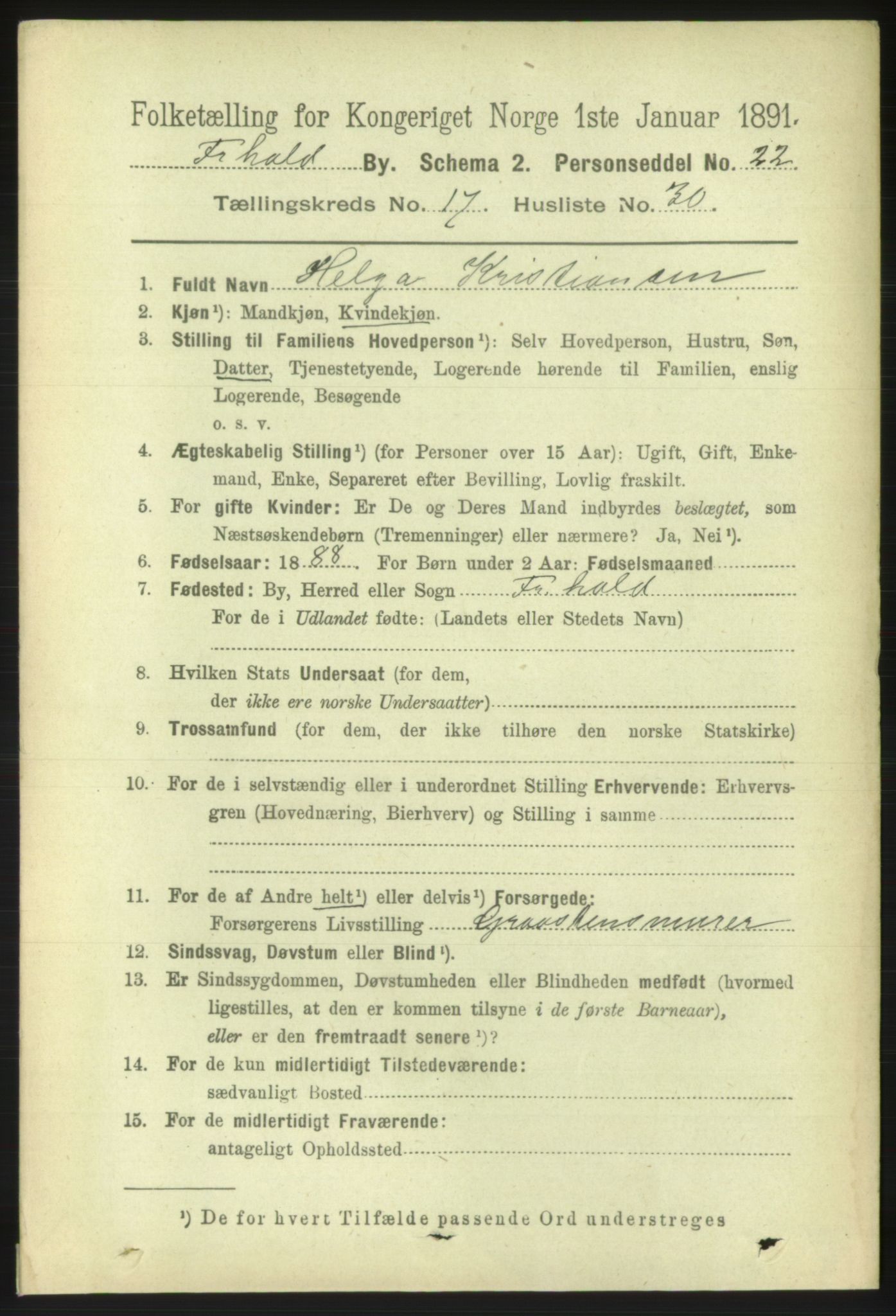 RA, 1891 census for 0101 Fredrikshald, 1891, p. 11366