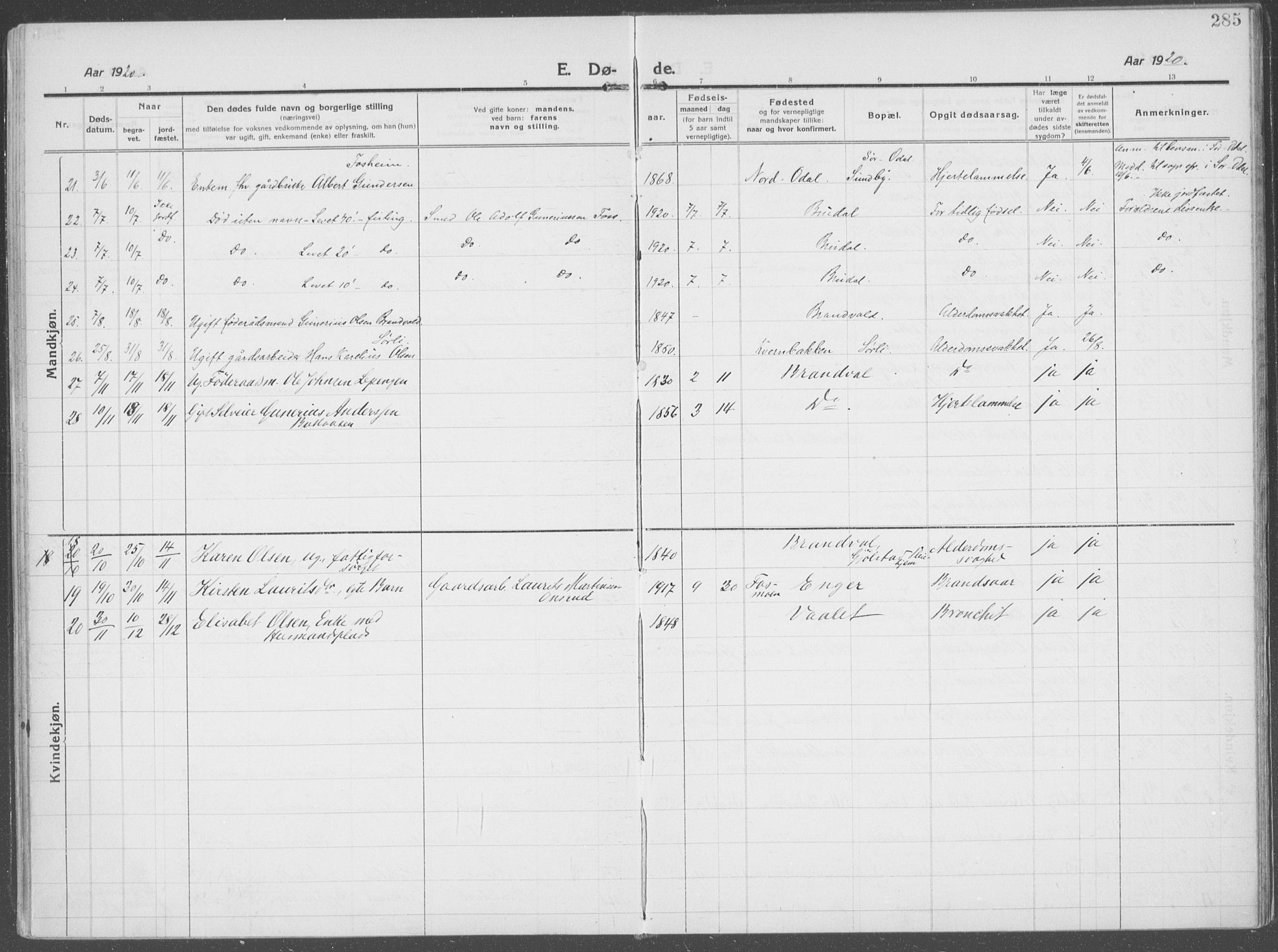 Brandval prestekontor, SAH/PREST-034/H/Ha/Haa/L0004: Parish register (official) no. 4, 1910-1924, p. 285