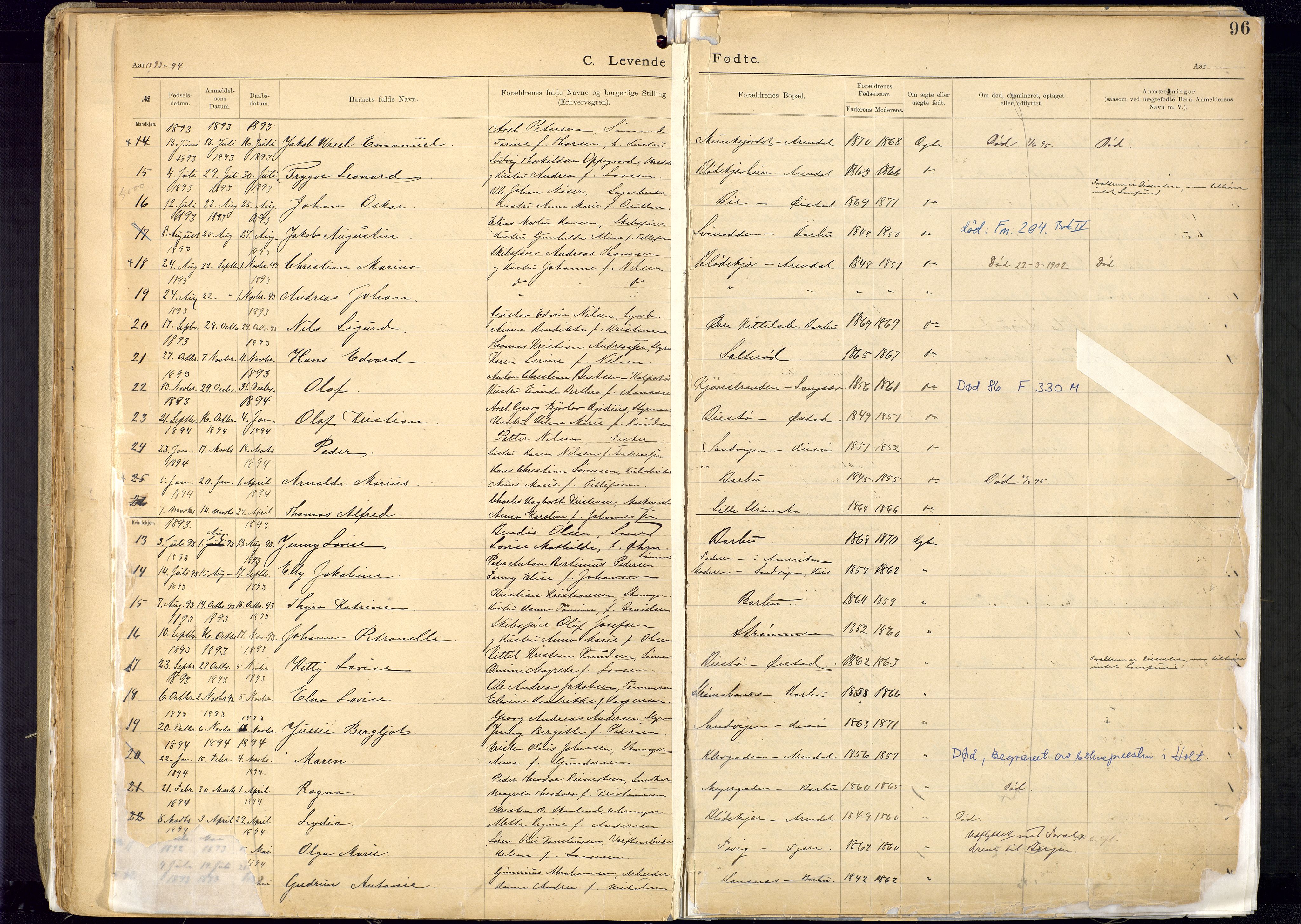 Metodistmenigheten, Arendal, SAK/1292-0011/F/Fa/L0005: Dissenter register no. 5, 1892-1942, p. 96