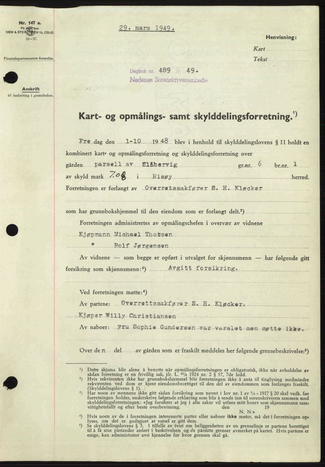 Nedenes sorenskriveri, SAK/1221-0006/G/Gb/Gba/L0060: Mortgage book no. A12, 1948-1949, Diary no: : 489/1949