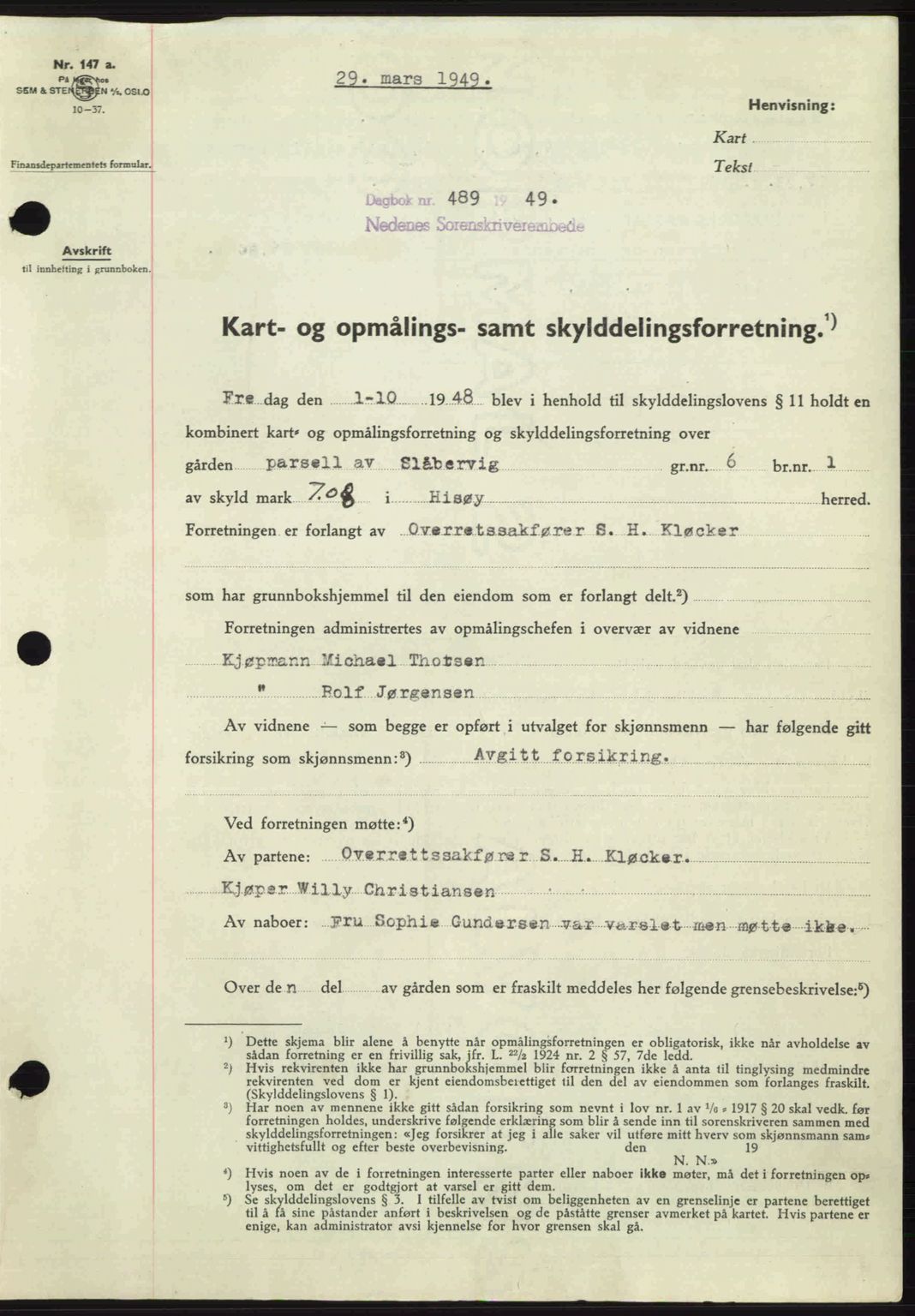 Nedenes sorenskriveri, AV/SAK-1221-0006/G/Gb/Gba/L0060: Mortgage book no. A12, 1948-1949, Diary no: : 489/1949