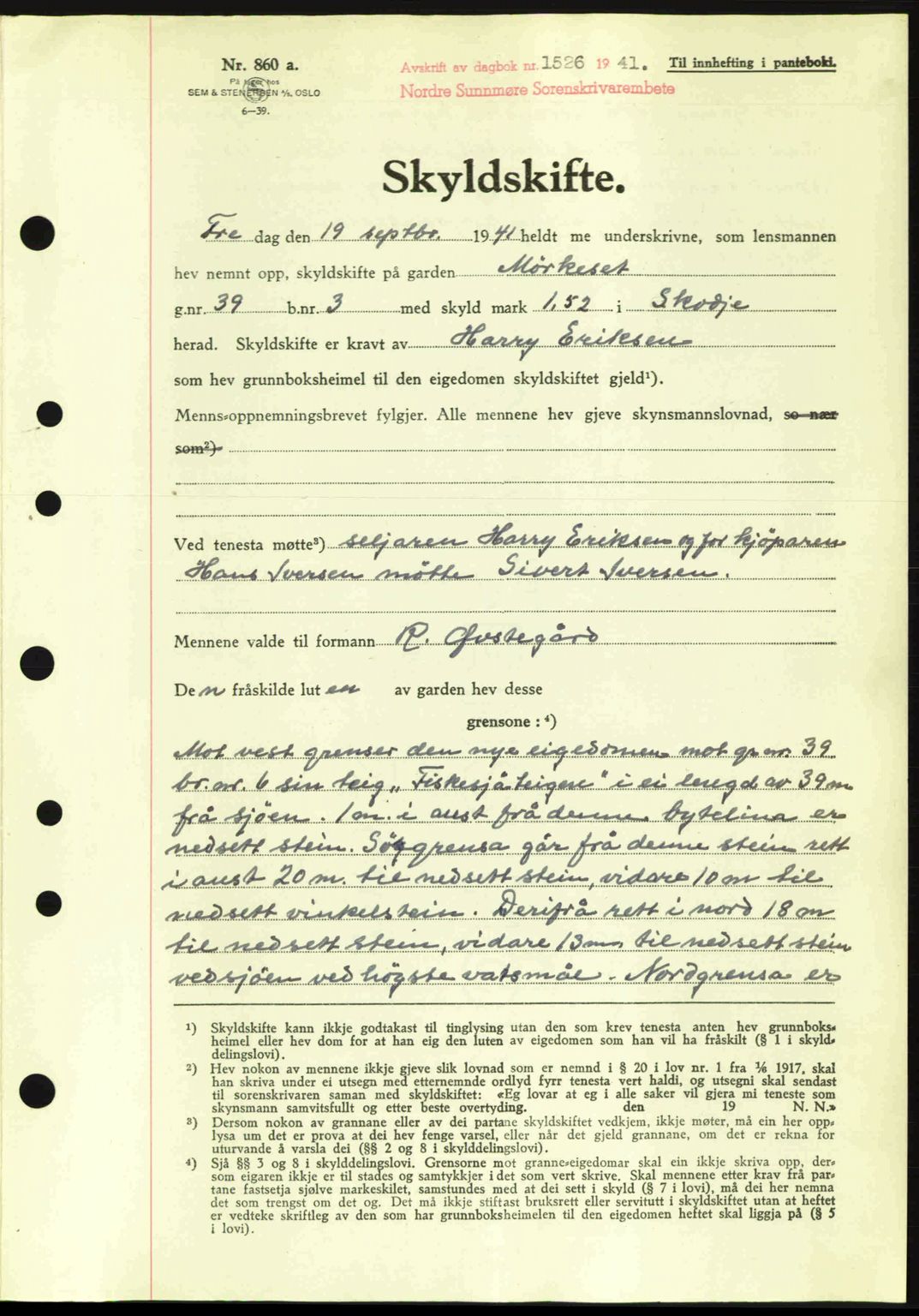 Nordre Sunnmøre sorenskriveri, AV/SAT-A-0006/1/2/2C/2Ca: Mortgage book no. A11, 1941-1941, Diary no: : 1526/1941