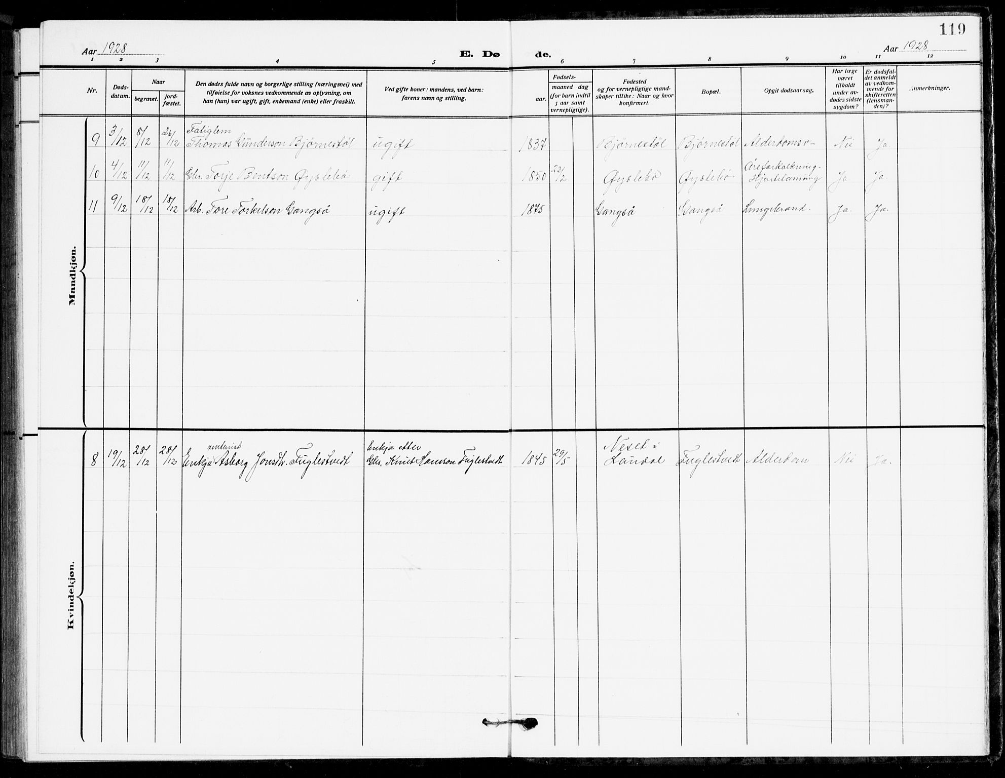 Holum sokneprestkontor, AV/SAK-1111-0022/F/Fb/Fbc/L0004: Parish register (copy) no. B 4, 1908-1930, p. 119