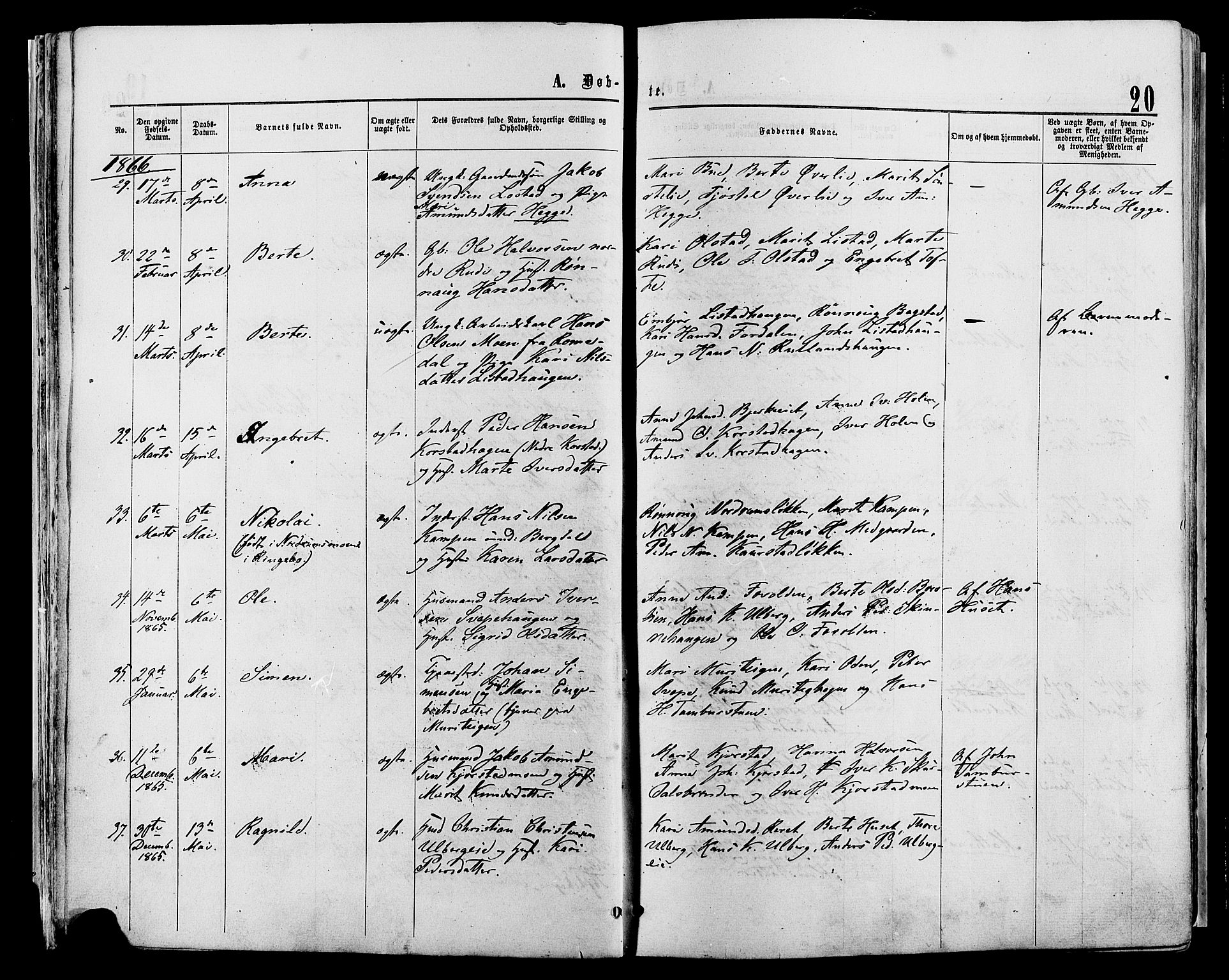 Sør-Fron prestekontor, AV/SAH-PREST-010/H/Ha/Haa/L0002: Parish register (official) no. 2, 1864-1880, p. 20