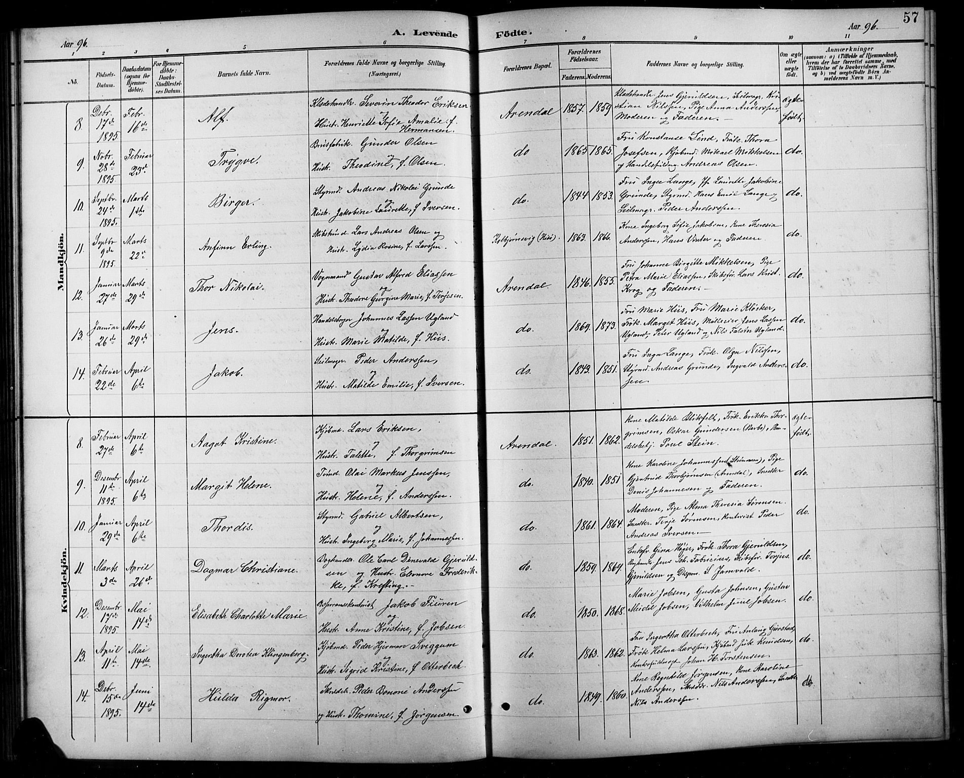 Arendal sokneprestkontor, Trefoldighet, AV/SAK-1111-0040/F/Fb/L0006: Parish register (copy) no. B 6, 1889-1916, p. 57
