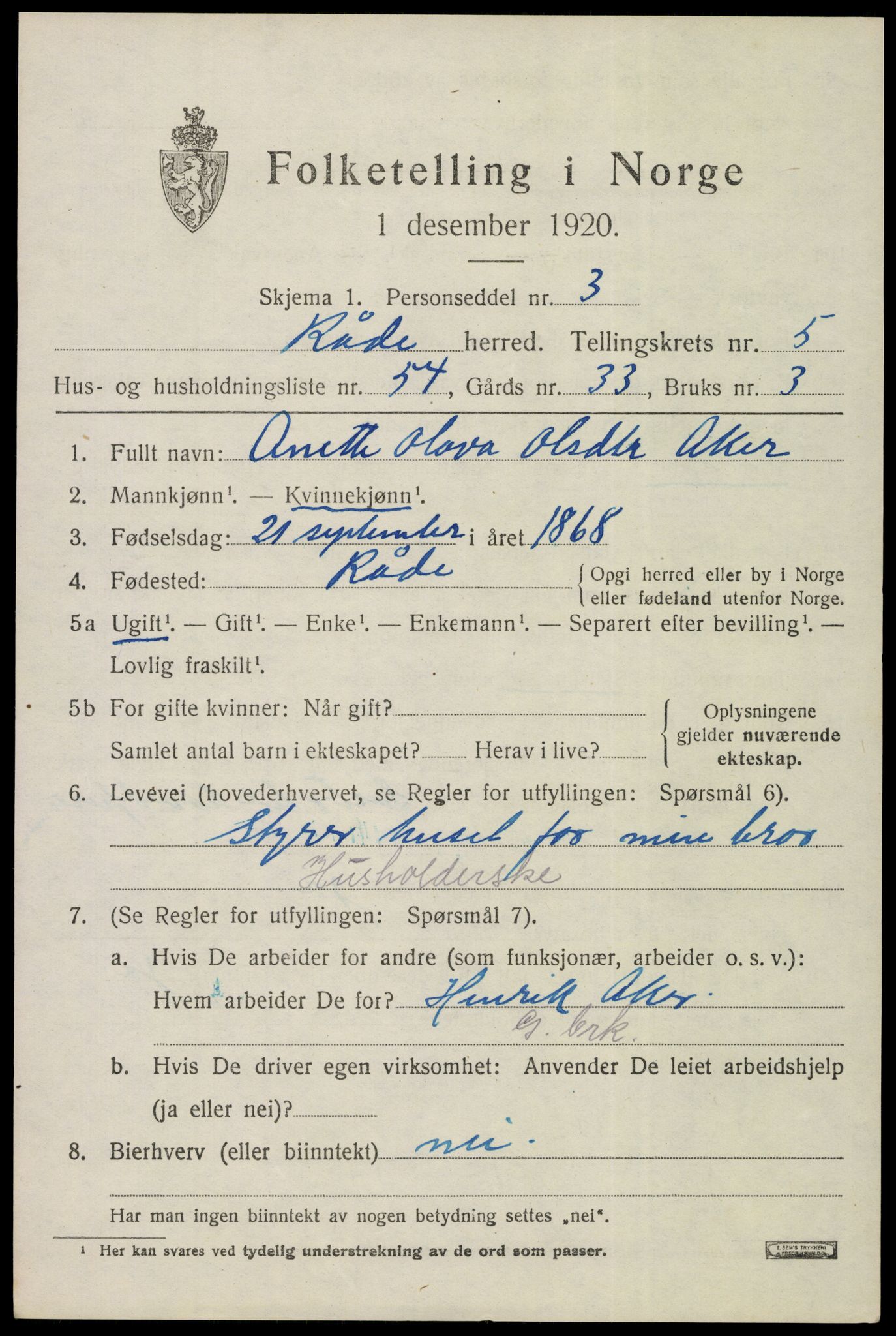 SAO, 1920 census for Råde, 1920, p. 5485