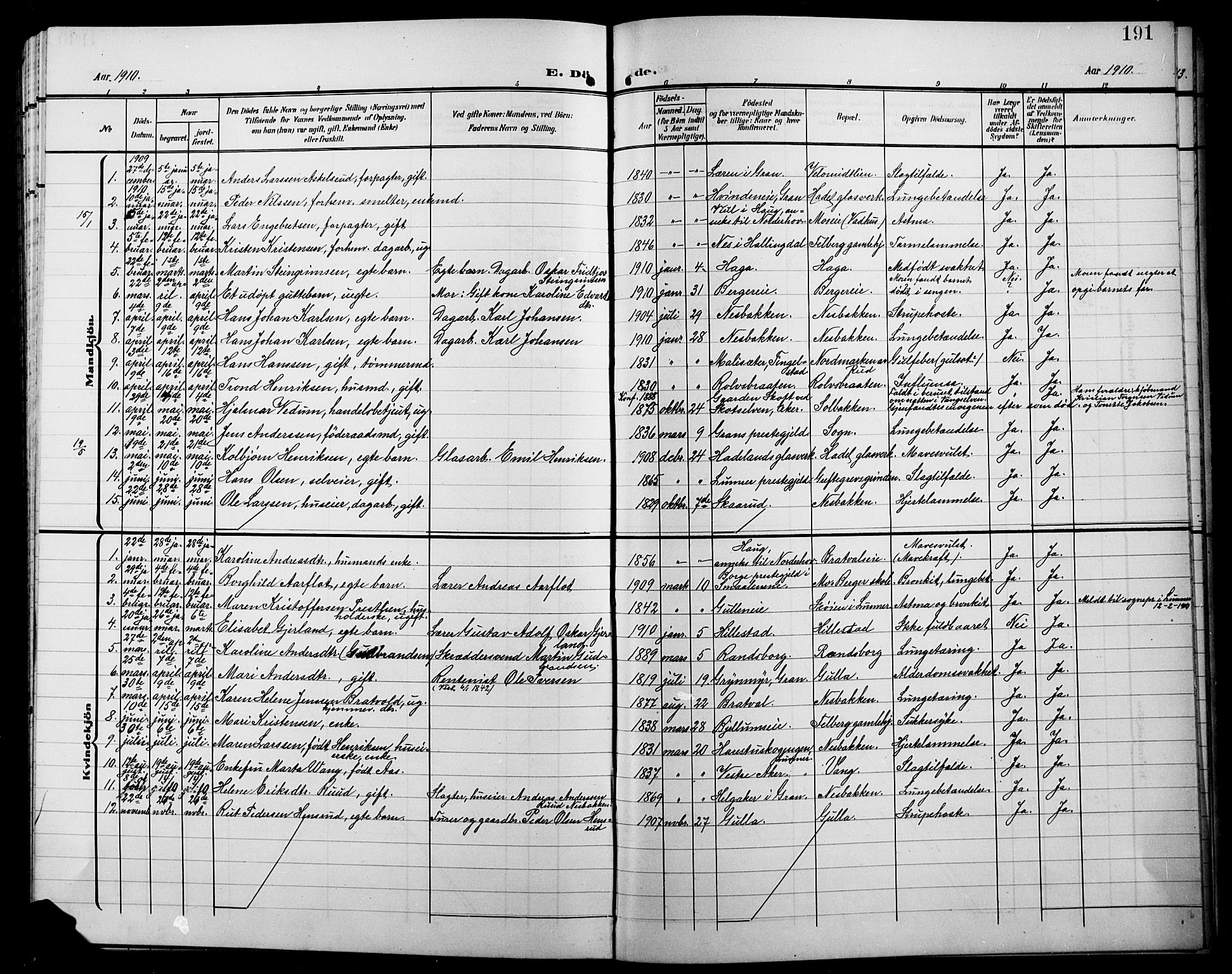 Jevnaker prestekontor, SAH/PREST-116/H/Ha/Hab/L0004: Parish register (copy) no. 4, 1907-1918, p. 191