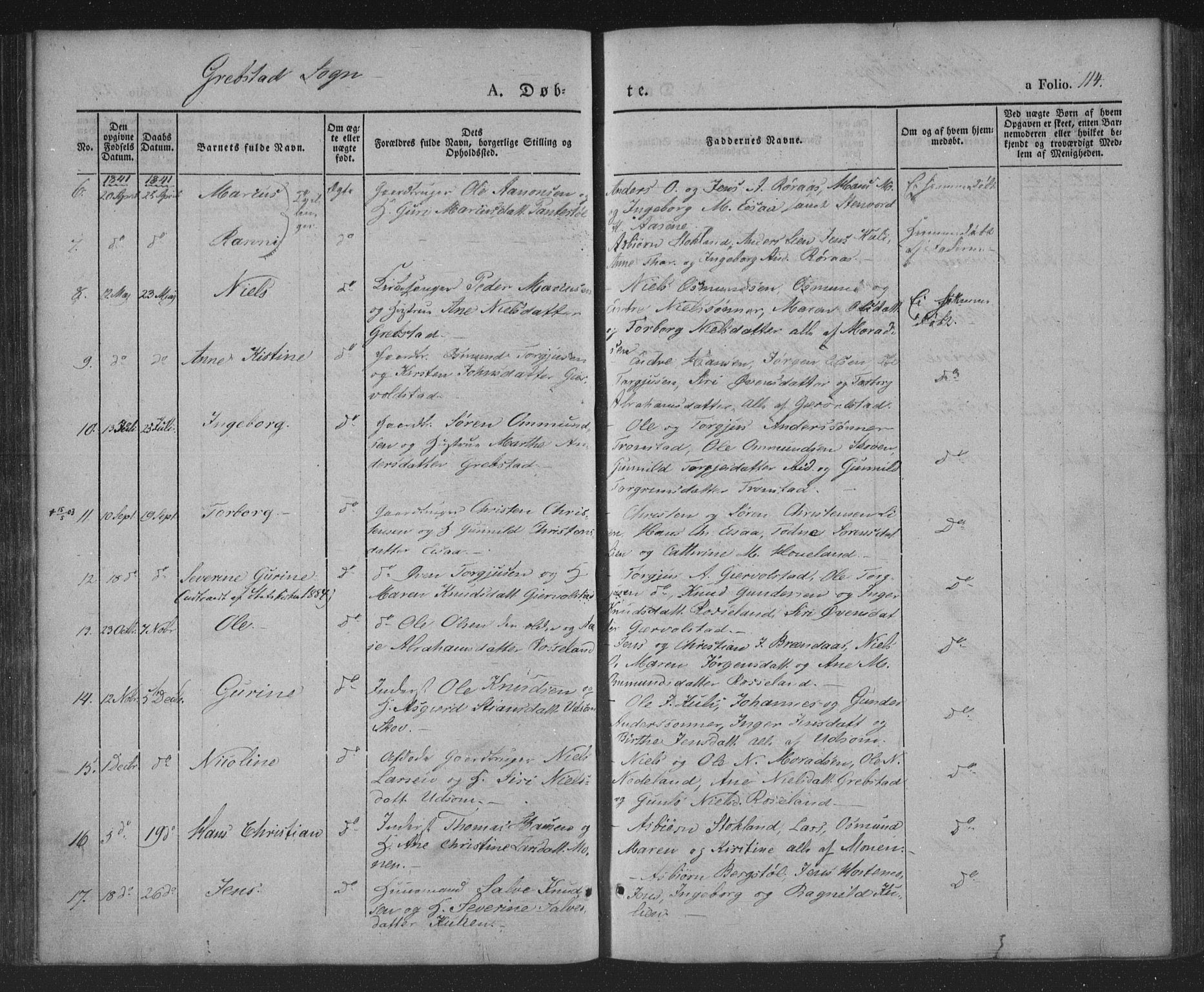 Søgne sokneprestkontor, AV/SAK-1111-0037/F/Fa/Fab/L0009: Parish register (official) no. A 9, 1838-1853, p. 114