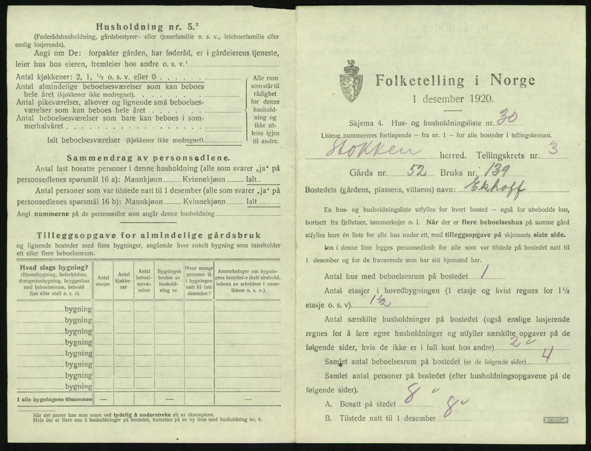 SAK, 1920 census for Stokken, 1920, p. 366