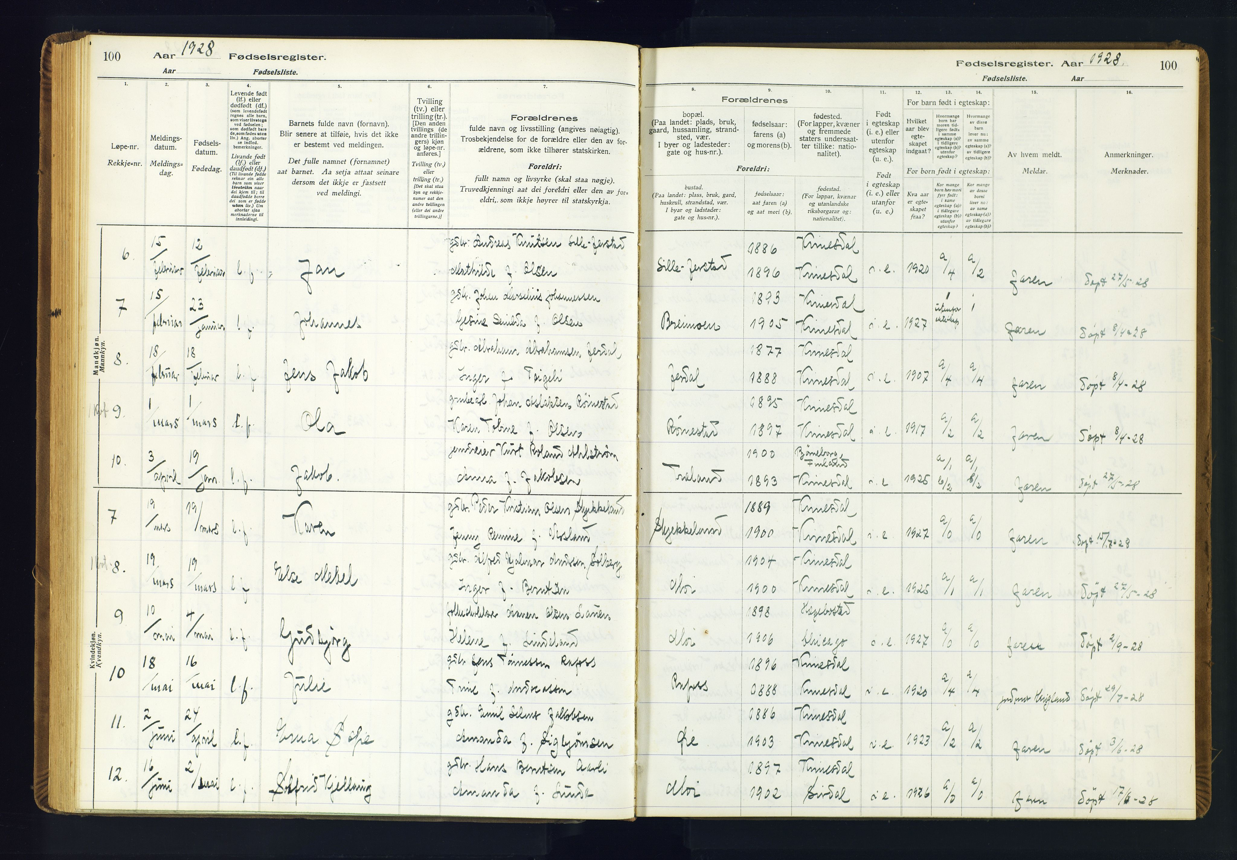 Kvinesdal sokneprestkontor, AV/SAK-1111-0026/J/Ja/L0001: Birth register no. 1, 1916-1941, p. 100