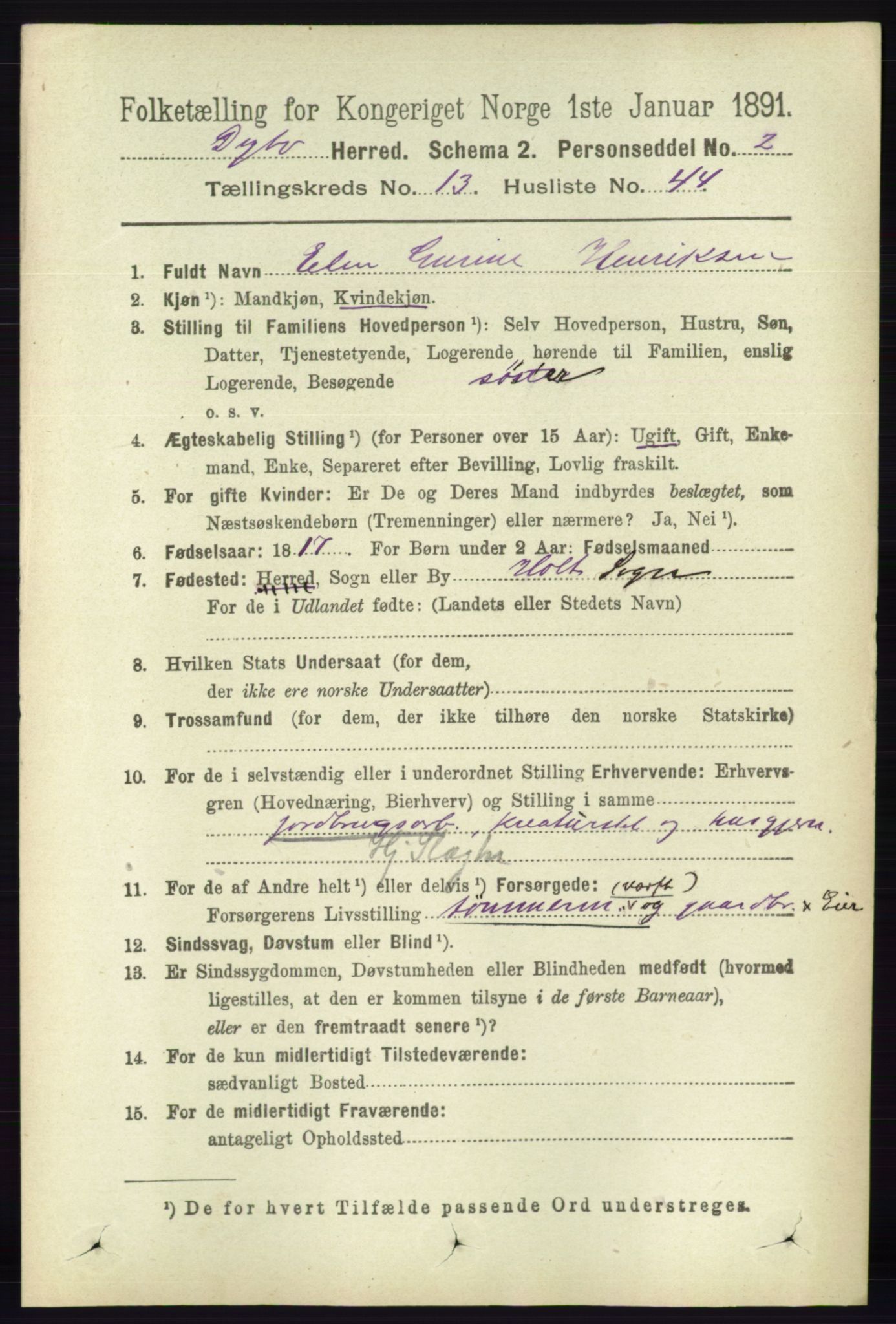 RA, 1891 census for 0915 Dypvåg, 1891, p. 5564