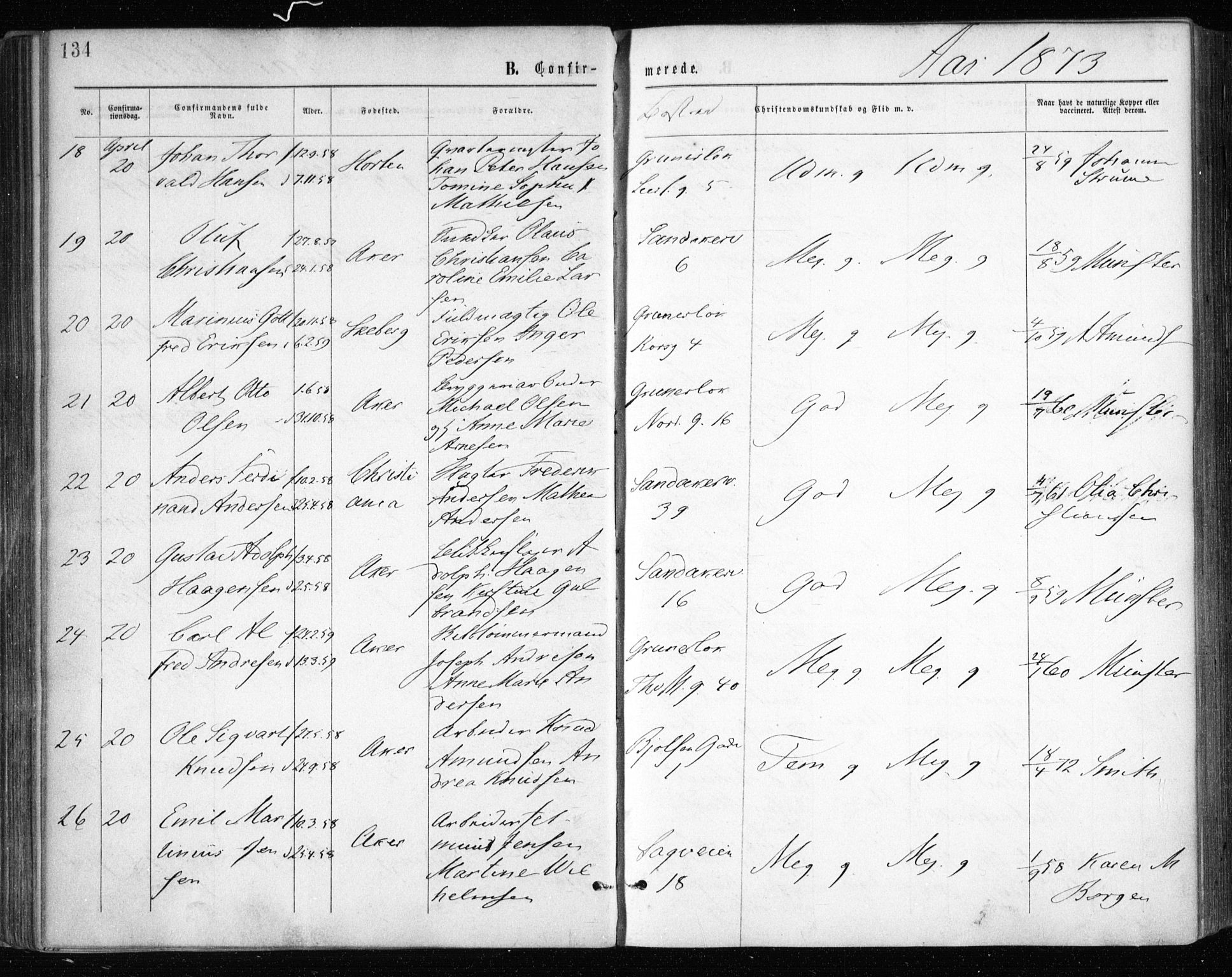 Gamle Aker prestekontor Kirkebøker, AV/SAO-A-10617a/F/L0003: Parish register (official) no. 3, 1865-1873, p. 134