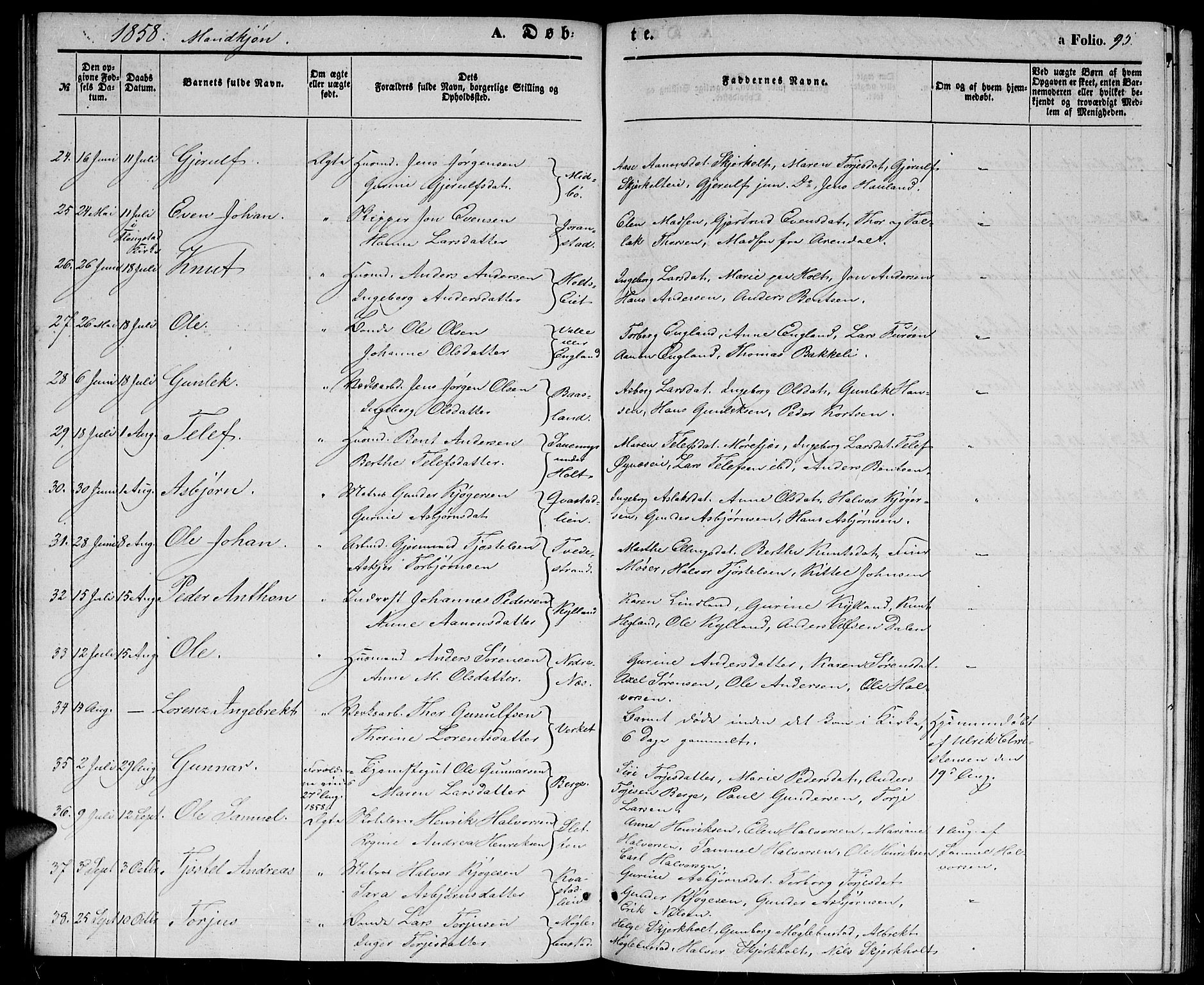 Holt sokneprestkontor, SAK/1111-0021/F/Fb/L0007: Parish register (copy) no. B 7, 1849-1858, p. 95