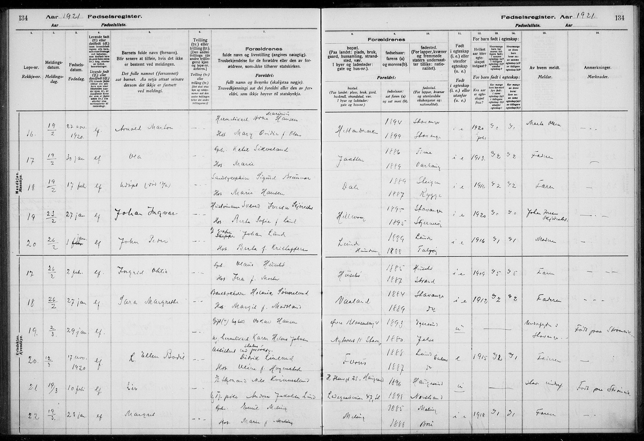 Hetland sokneprestkontor, AV/SAST-A-101826/70/704BA/L0003: Birth register no. 1, 1916-1923, p. 134