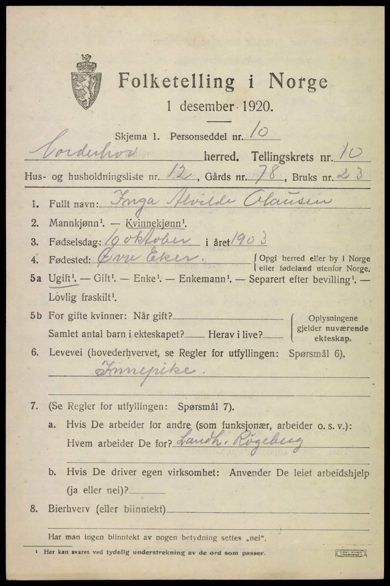 SAKO, 1920 census for Norderhov, 1920, p. 12172