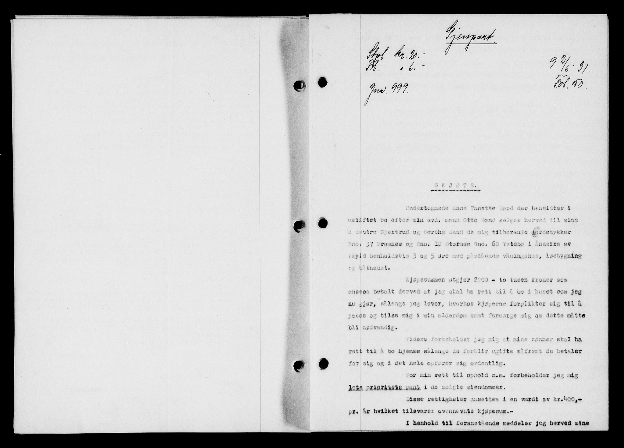 Flekkefjord sorenskriveri, SAK/1221-0001/G/Gb/Gba/L0046: Mortgage book no. 44, 1930-1931, Deed date: 02.06.1931