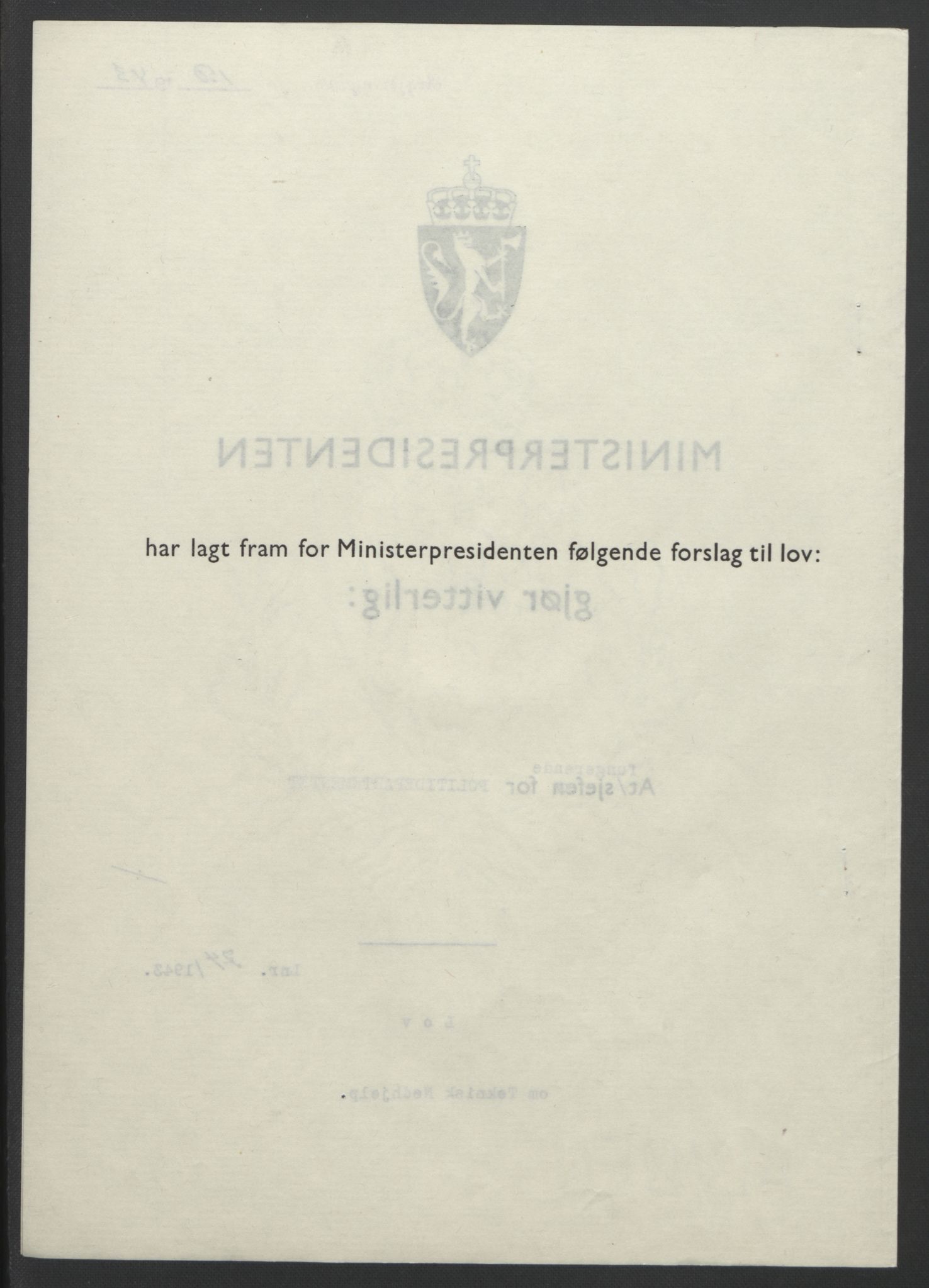 NS-administrasjonen 1940-1945 (Statsrådsekretariatet, de kommisariske statsråder mm), AV/RA-S-4279/D/Db/L0099: Lover, 1943, p. 337