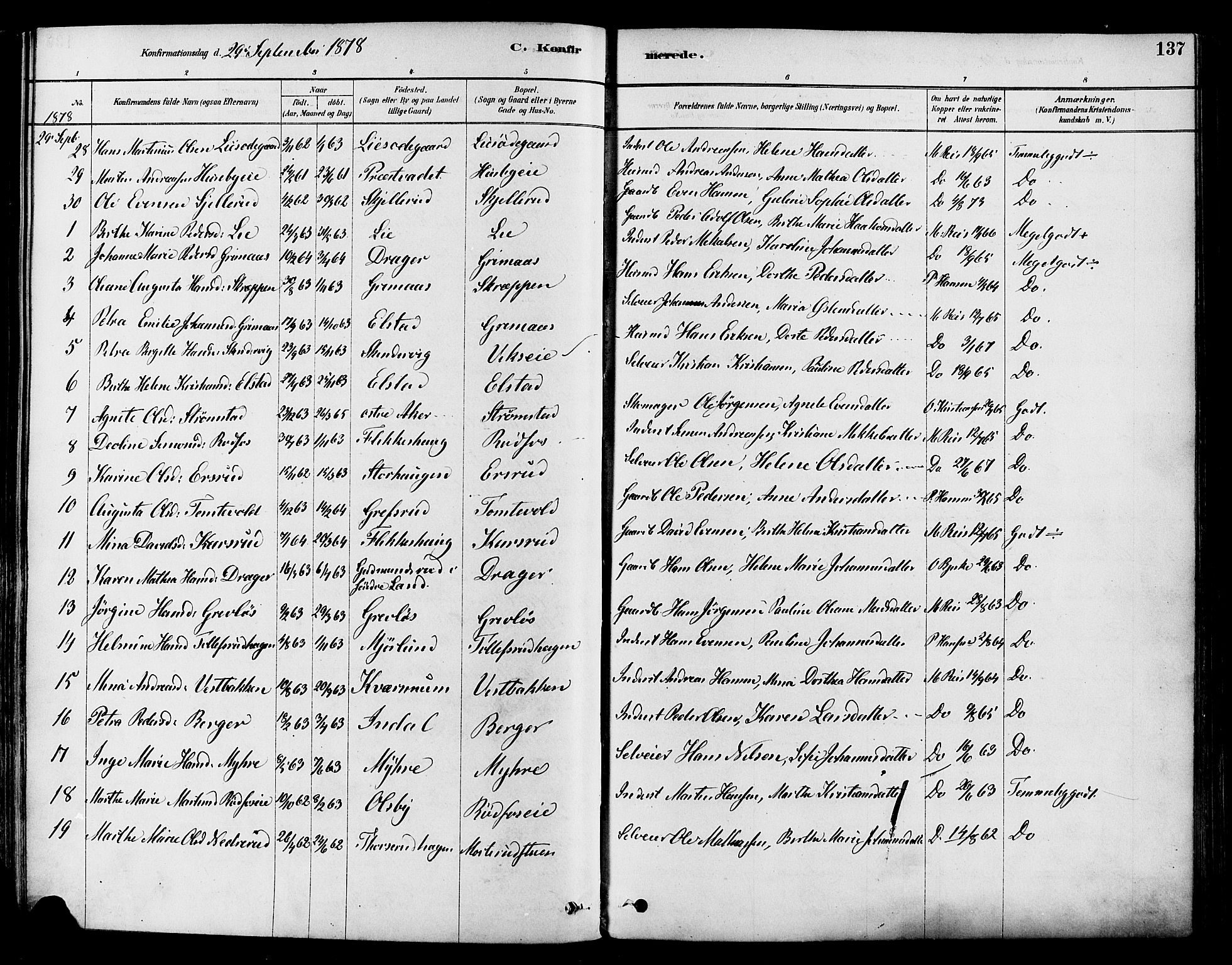 Vestre Toten prestekontor, SAH/PREST-108/H/Ha/Haa/L0009: Parish register (official) no. 9, 1878-1894, p. 137
