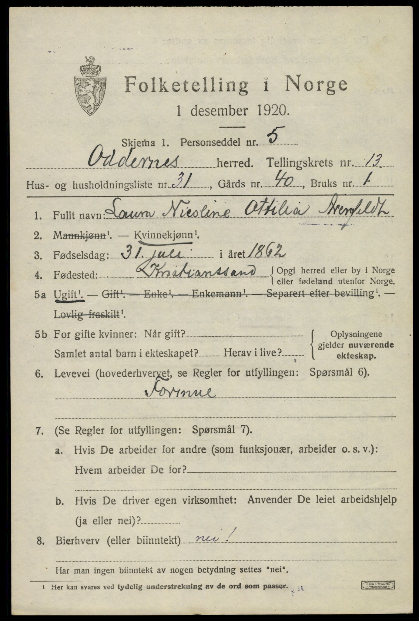 SAK, 1920 census for Oddernes, 1920, p. 8391