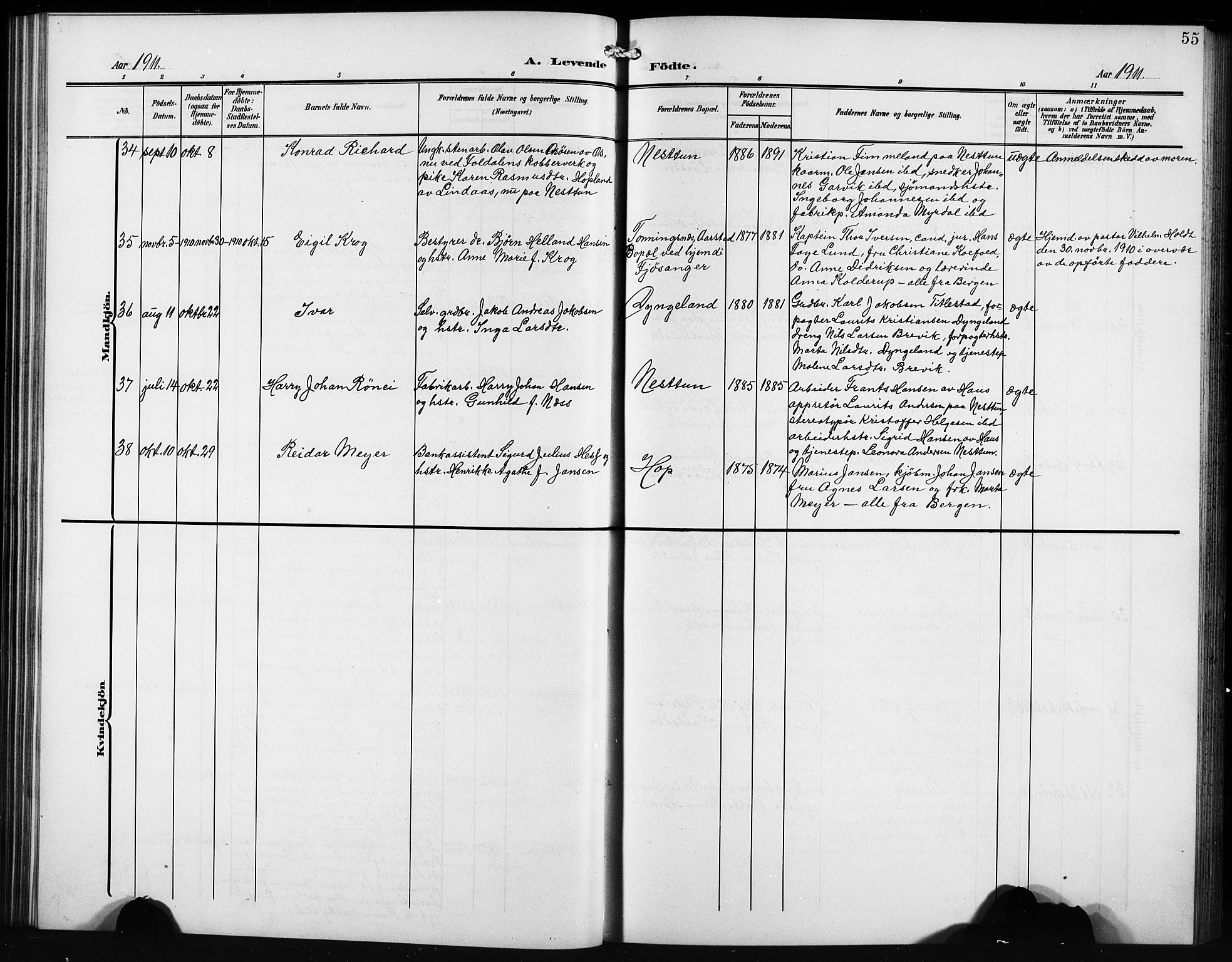 Birkeland Sokneprestembete, AV/SAB-A-74601/H/Hab: Parish register (copy) no. A 6, 1906-1915, p. 55