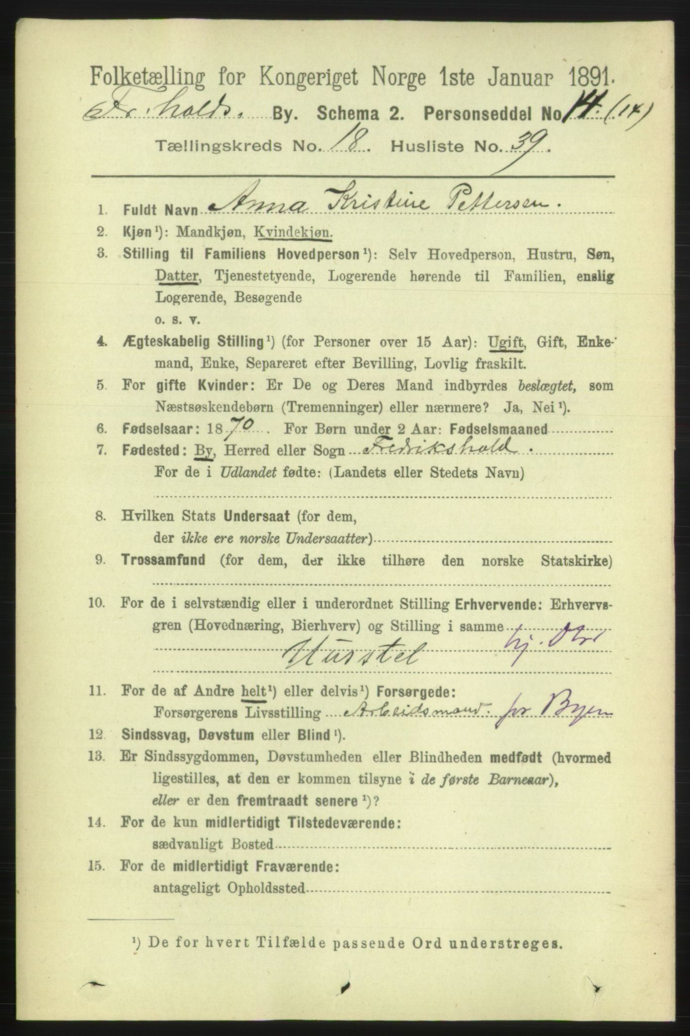 RA, 1891 census for 0101 Fredrikshald, 1891, p. 11914