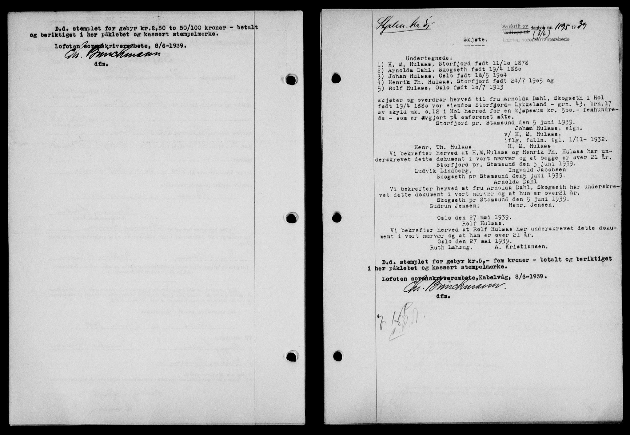 Lofoten sorenskriveri, SAT/A-0017/1/2/2C/L0005a: Mortgage book no. 5a, 1939-1939, Diary no: : 1195/1939