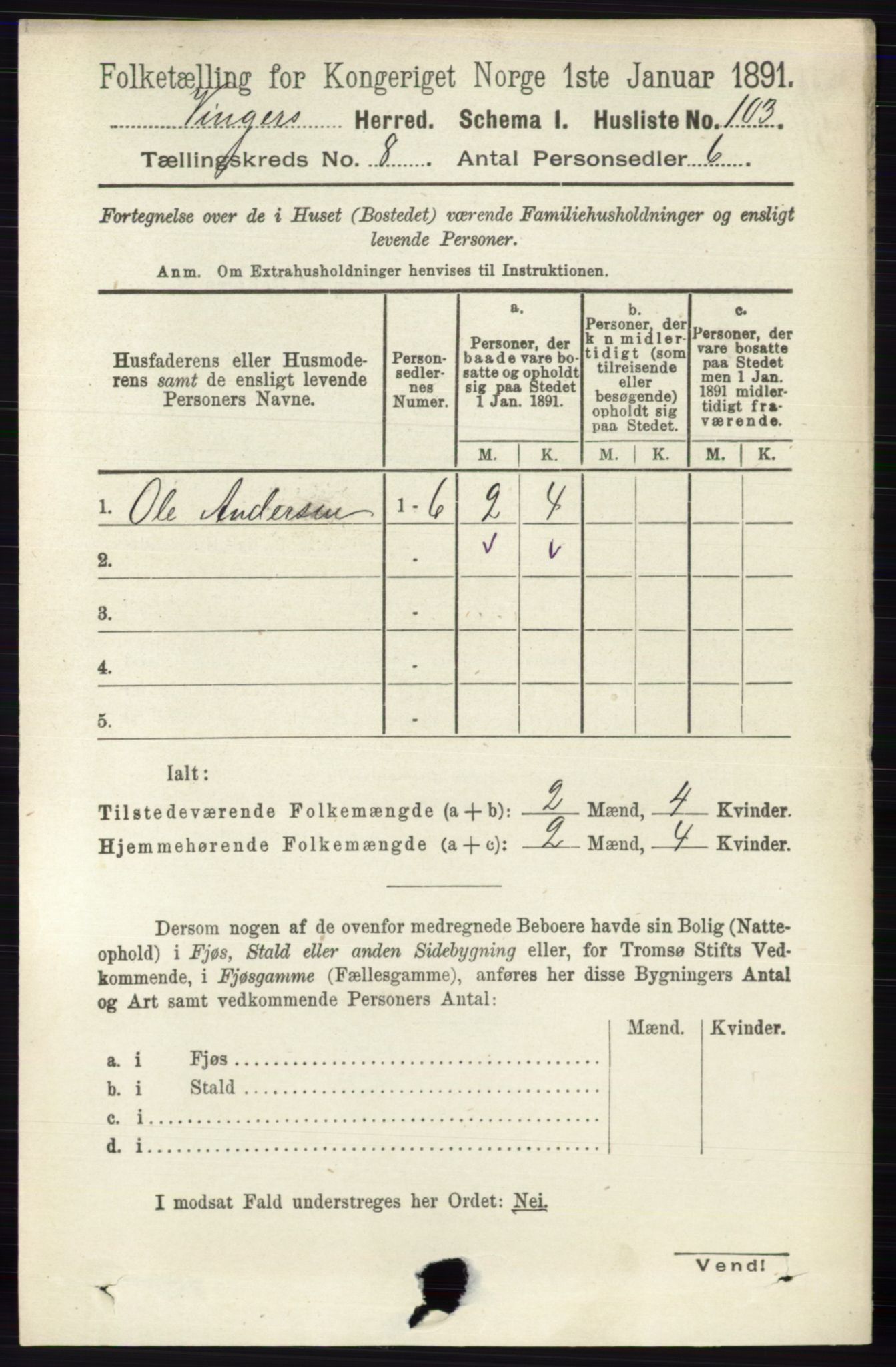 RA, 1891 census for 0421 Vinger, 1891, p. 3630