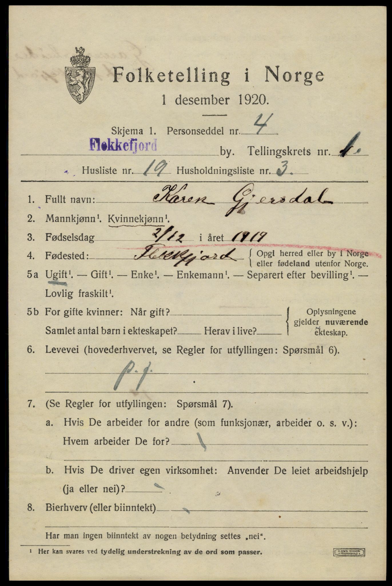 SAK, 1920 census for Flekkefjord, 1920, p. 2086