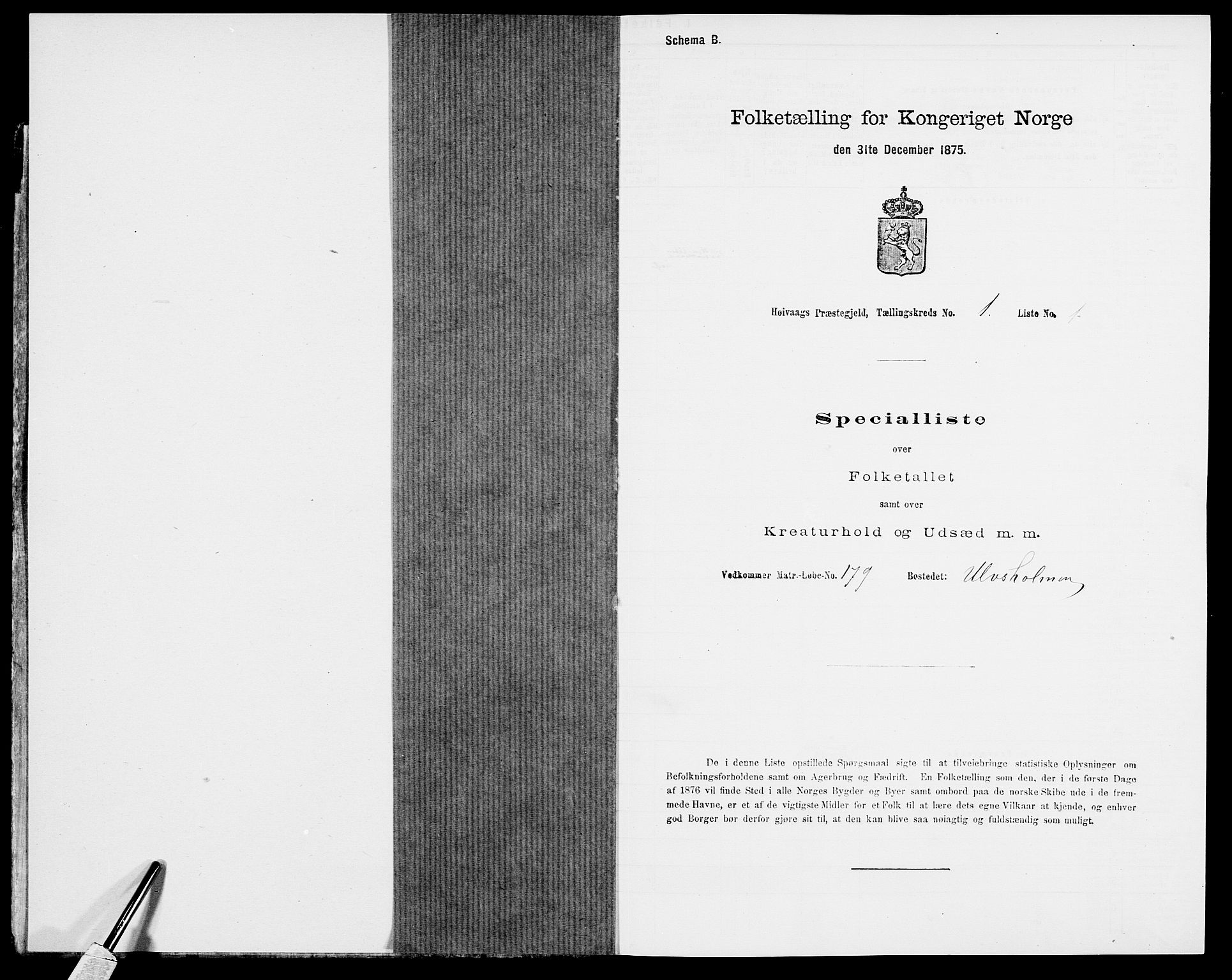 SAK, 1875 census for 0927P Høvåg, 1875, p. 43