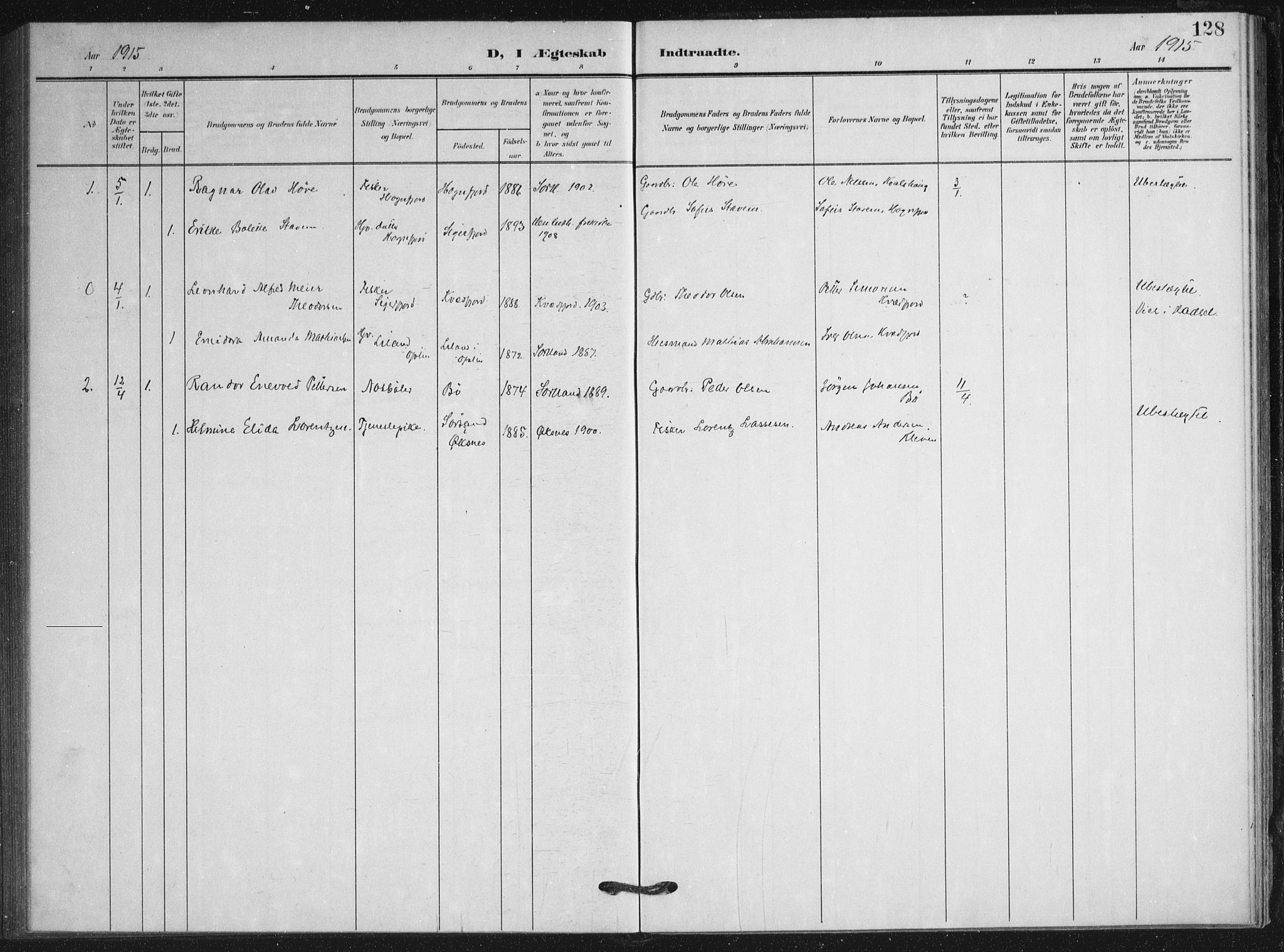 Ministerialprotokoller, klokkerbøker og fødselsregistre - Nordland, SAT/A-1459/895/L1373: Parish register (official) no. 895A08, 1905-1915, p. 128