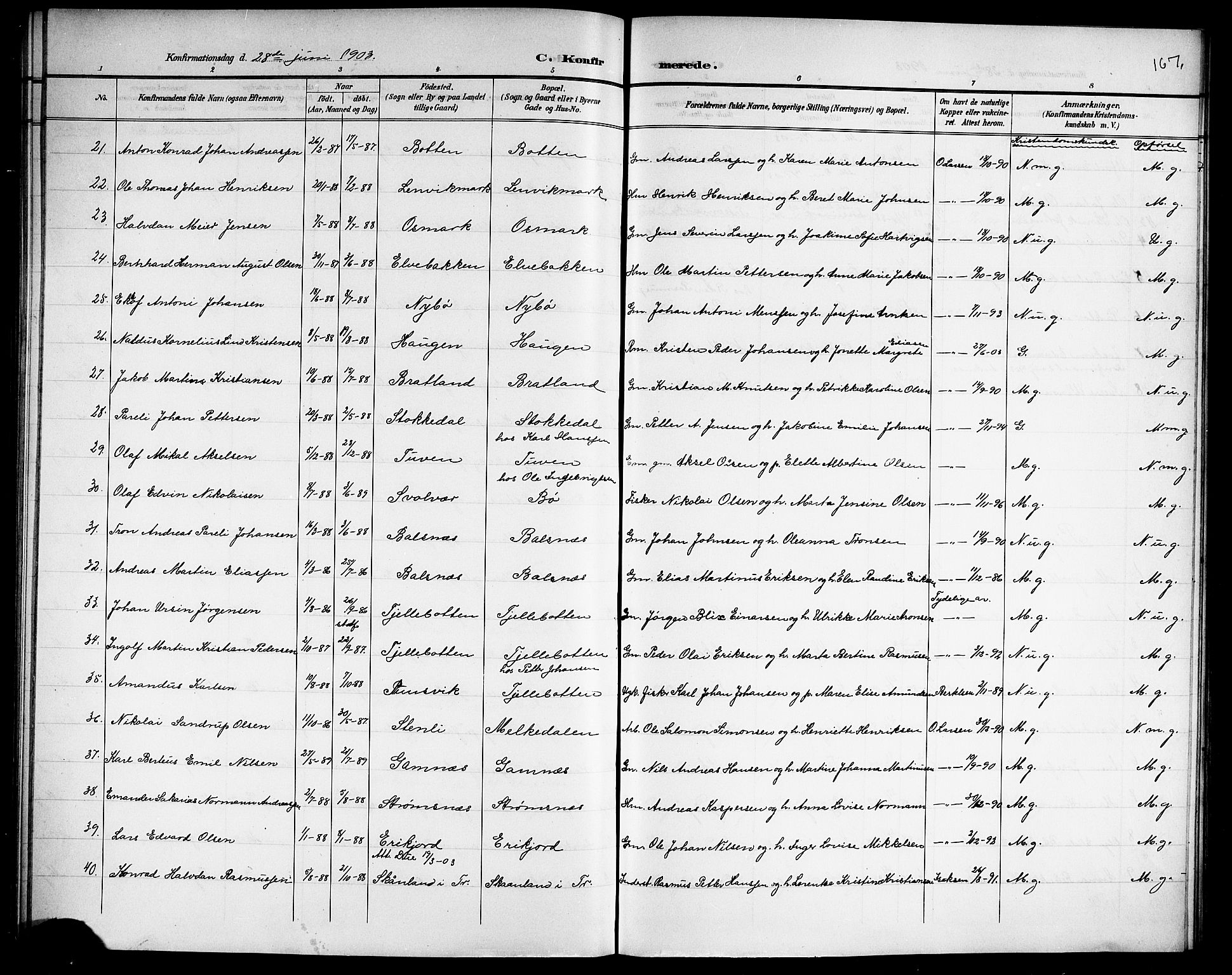 Ministerialprotokoller, klokkerbøker og fødselsregistre - Nordland, AV/SAT-A-1459/863/L0915: Parish register (copy) no. 863C05, 1898-1907, p. 167