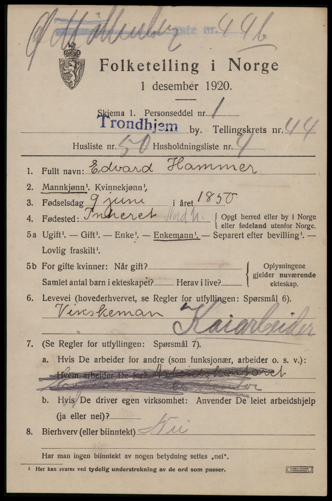 SAT, 1920 census for Trondheim, 1920, p. 96114