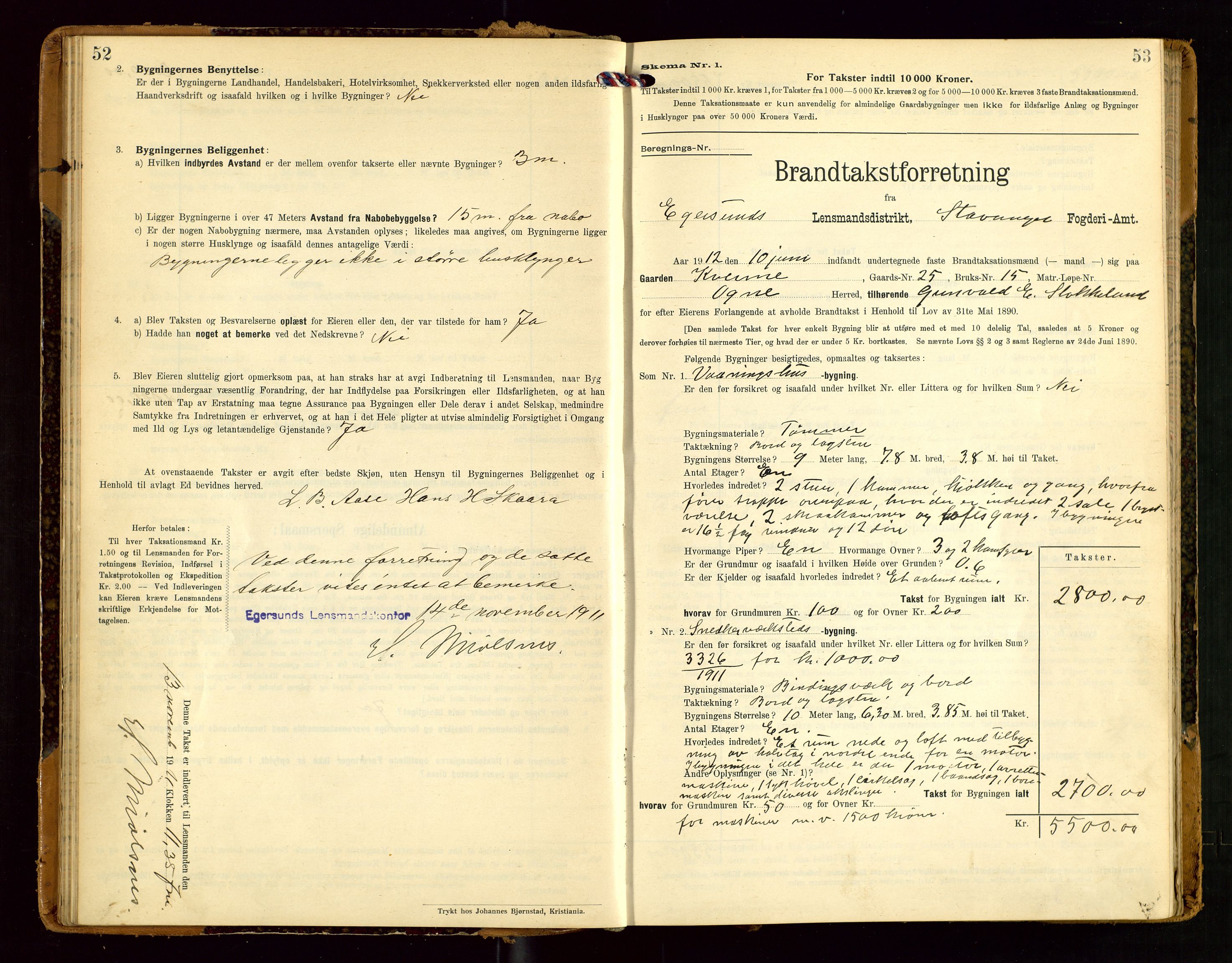 Eigersund lensmannskontor, SAST/A-100171/Gob/L0002: "Brandtakstprotokol", 1910-1916, p. 52-53
