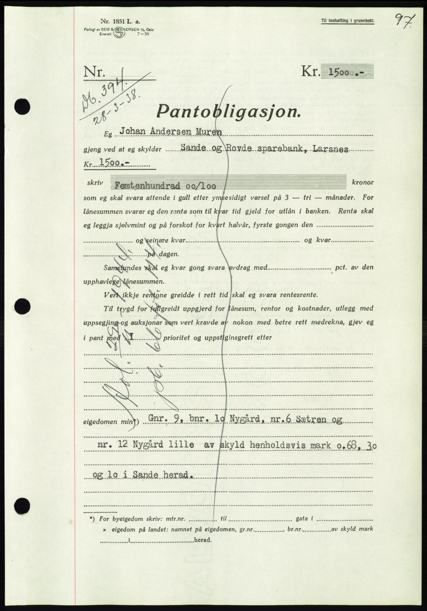 Søre Sunnmøre sorenskriveri, AV/SAT-A-4122/1/2/2C/L0065: Mortgage book no. 59, 1938-1938, Diary no: : 394/1938