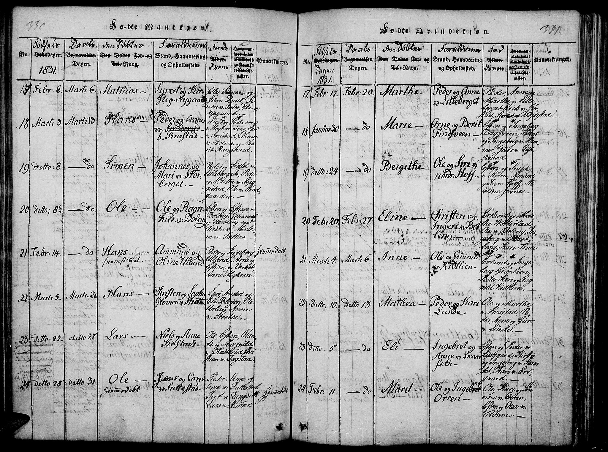 Fåberg prestekontor, AV/SAH-PREST-086/H/Ha/Haa/L0003: Parish register (official) no. 3, 1818-1833, p. 330-331