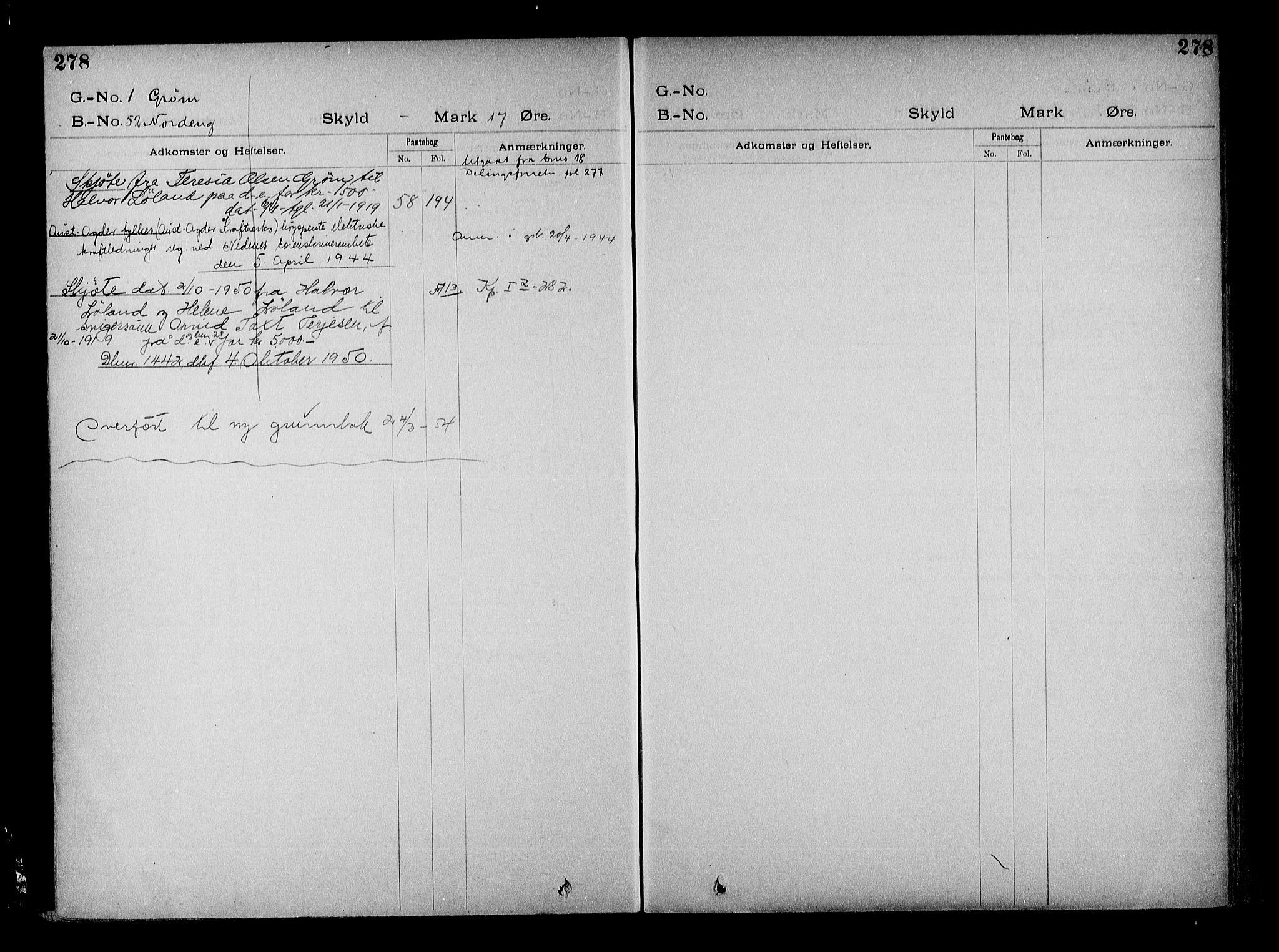 Vestre Nedenes/Sand sorenskriveri, SAK/1221-0010/G/Ga/L0022: Mortgage register no. 15, 1899-1957, p. 278