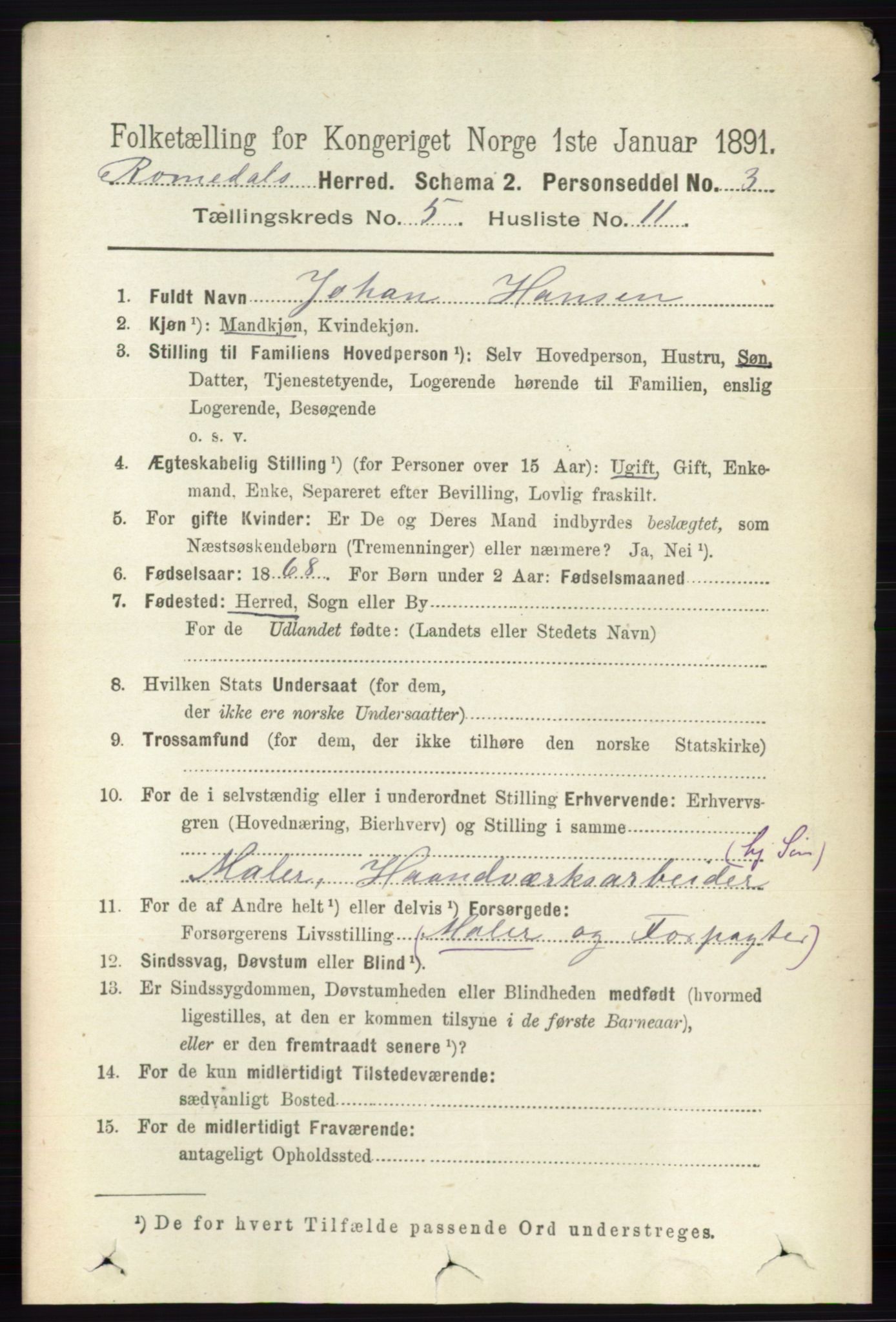 RA, 1891 census for 0416 Romedal, 1891, p. 2514