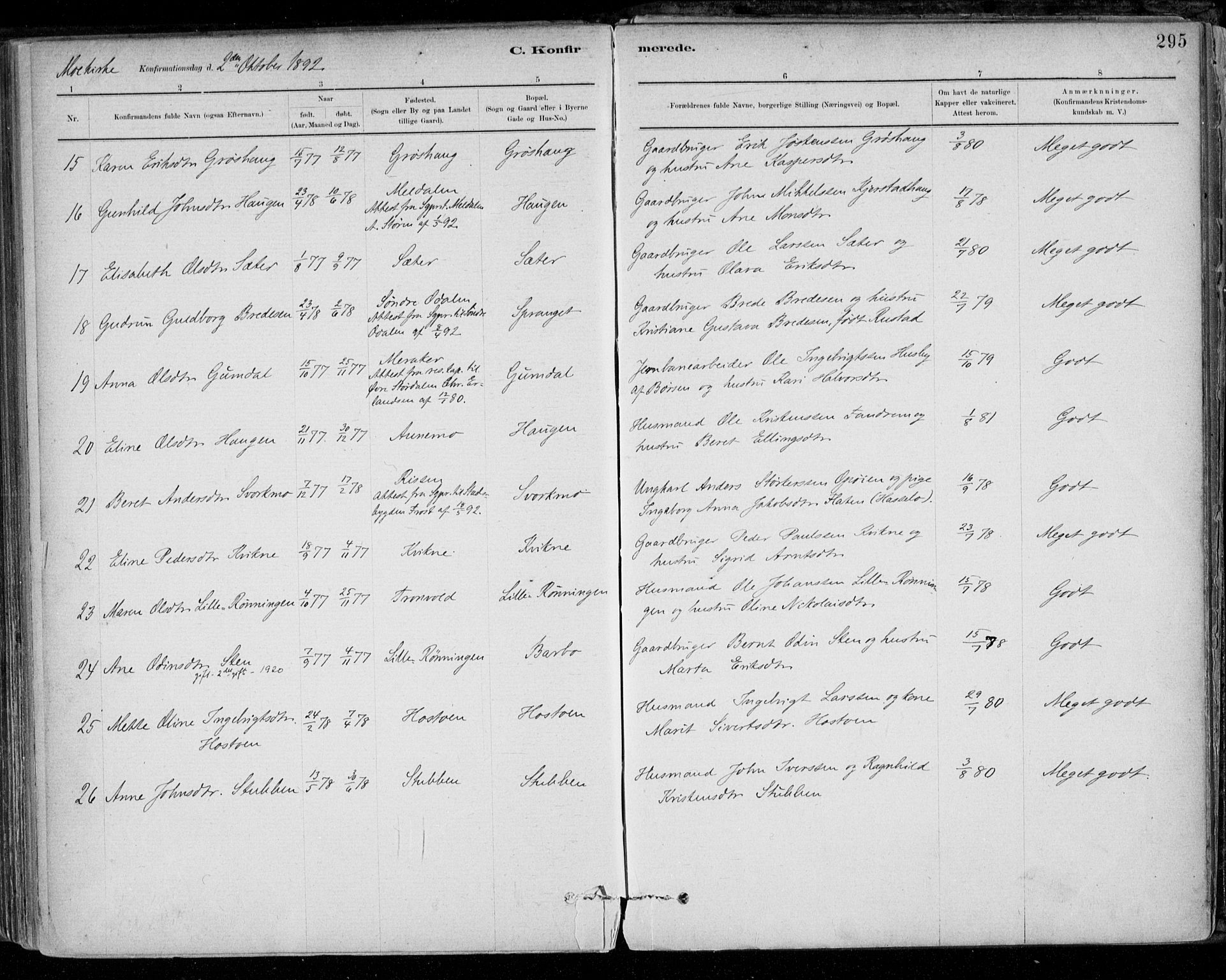 Ministerialprotokoller, klokkerbøker og fødselsregistre - Sør-Trøndelag, AV/SAT-A-1456/668/L0809: Parish register (official) no. 668A09, 1881-1895, p. 295