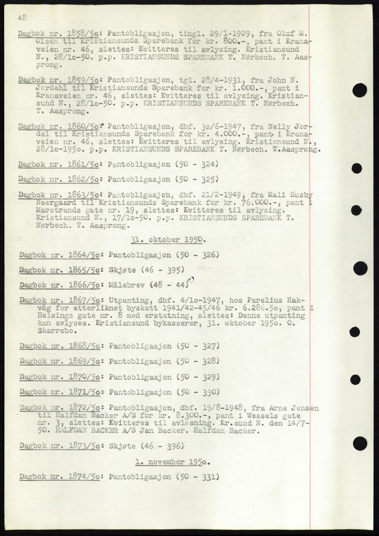 Kristiansund byfogd, AV/SAT-A-4587/A/27: Mortgage book no. 49, 1950-1950, Deed date: 31.10.1950