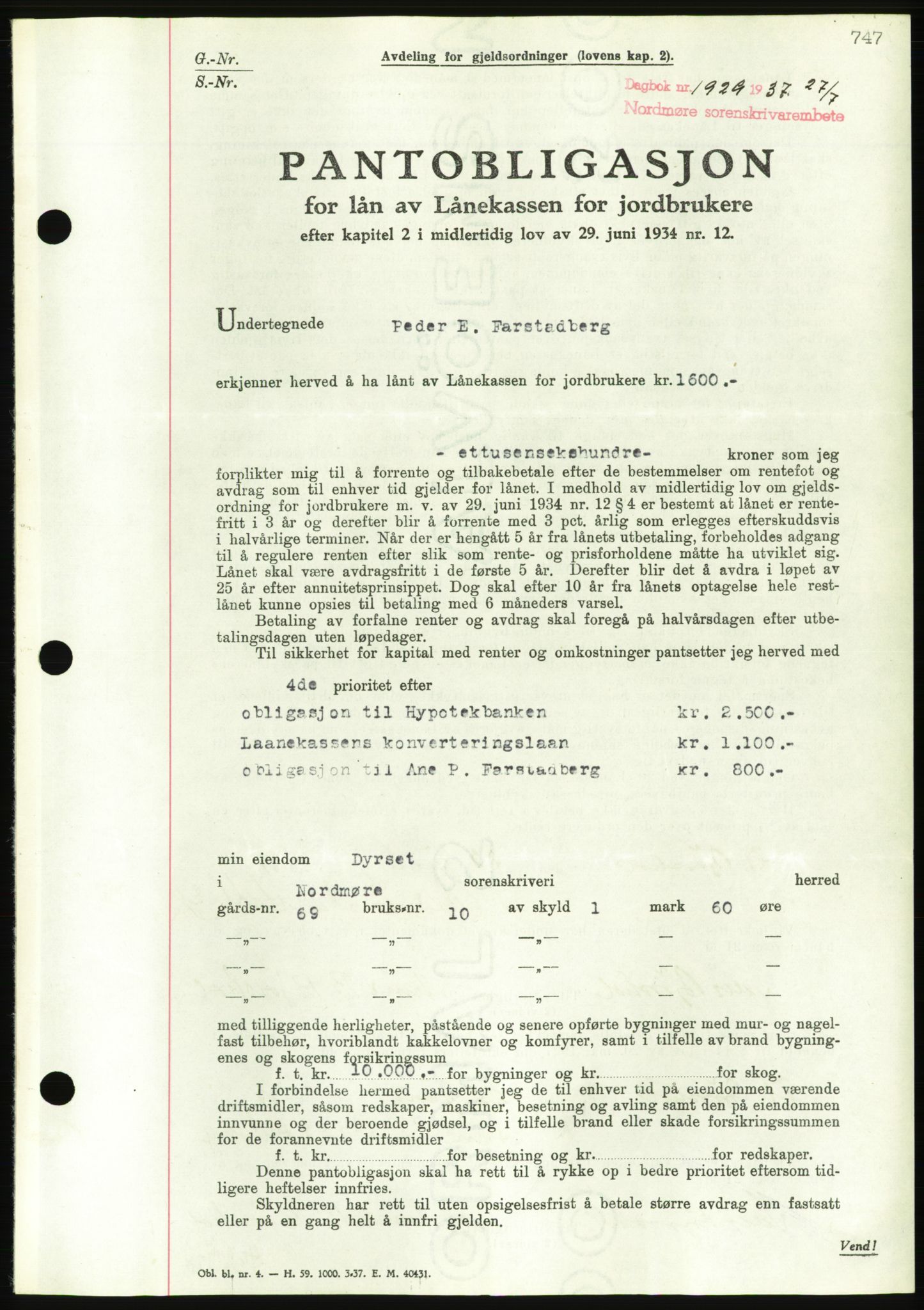 Nordmøre sorenskriveri, AV/SAT-A-4132/1/2/2Ca/L0091: Mortgage book no. B81, 1937-1937, Diary no: : 1929/1937