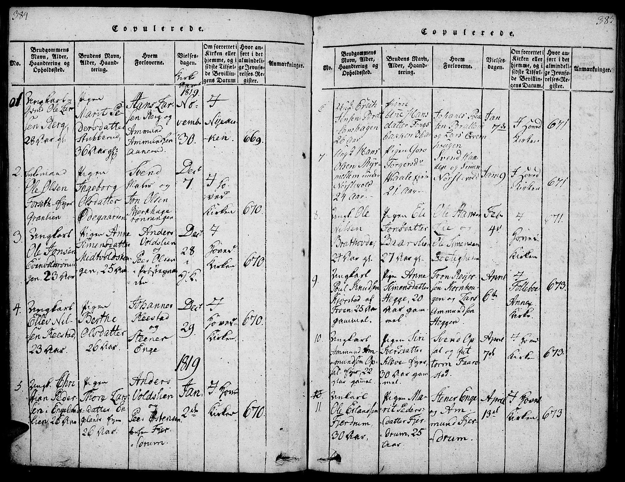 Gausdal prestekontor, SAH/PREST-090/H/Ha/Haa/L0005: Parish register (official) no. 5, 1817-1829, p. 384-385