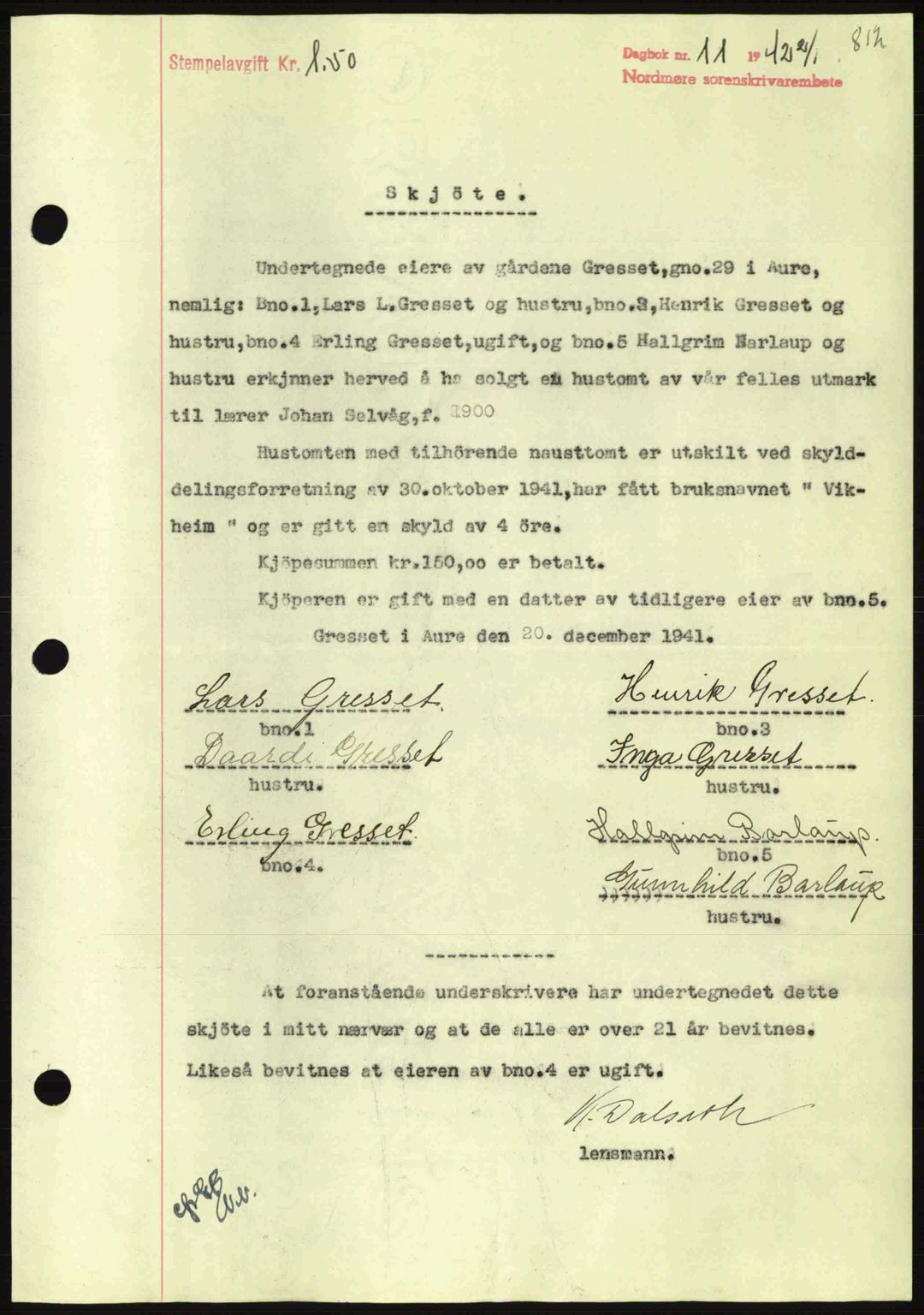 Nordmøre sorenskriveri, AV/SAT-A-4132/1/2/2Ca: Mortgage book no. A91, 1941-1942, Diary no: : 11/1942