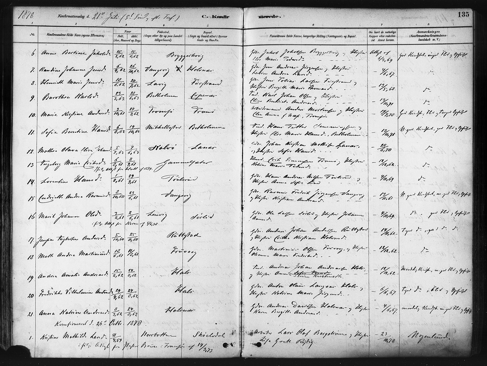Tranøy sokneprestkontor, SATØ/S-1313/I/Ia/Iaa/L0009kirke: Parish register (official) no. 9, 1878-1904, p. 135