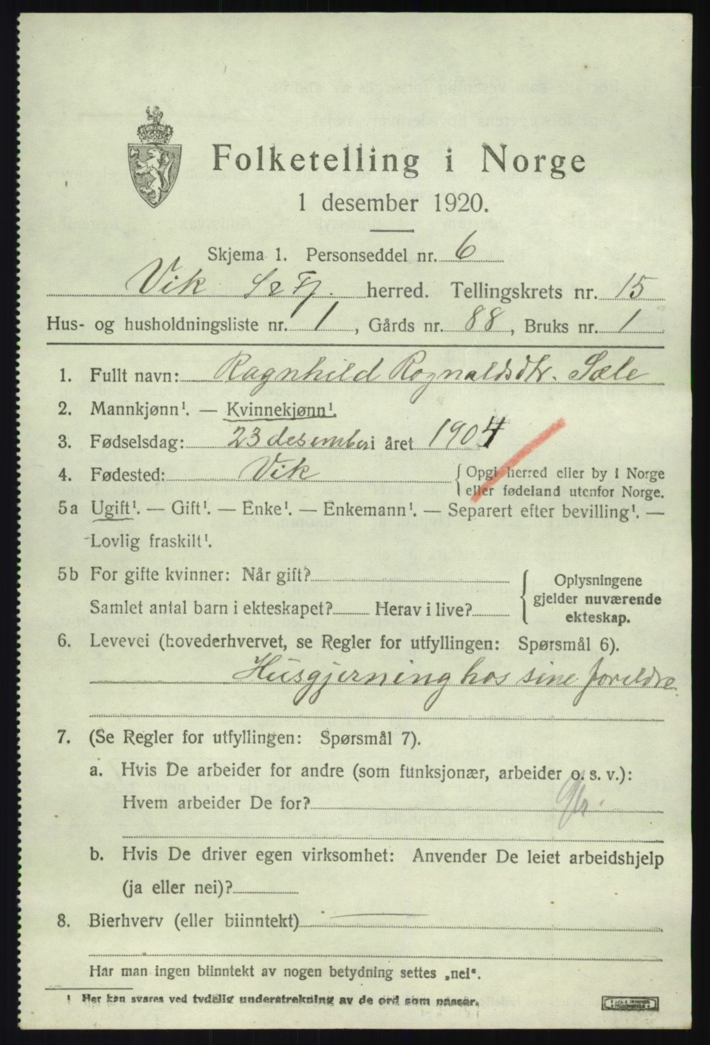 SAB, 1920 census for Vik, 1920, p. 7731