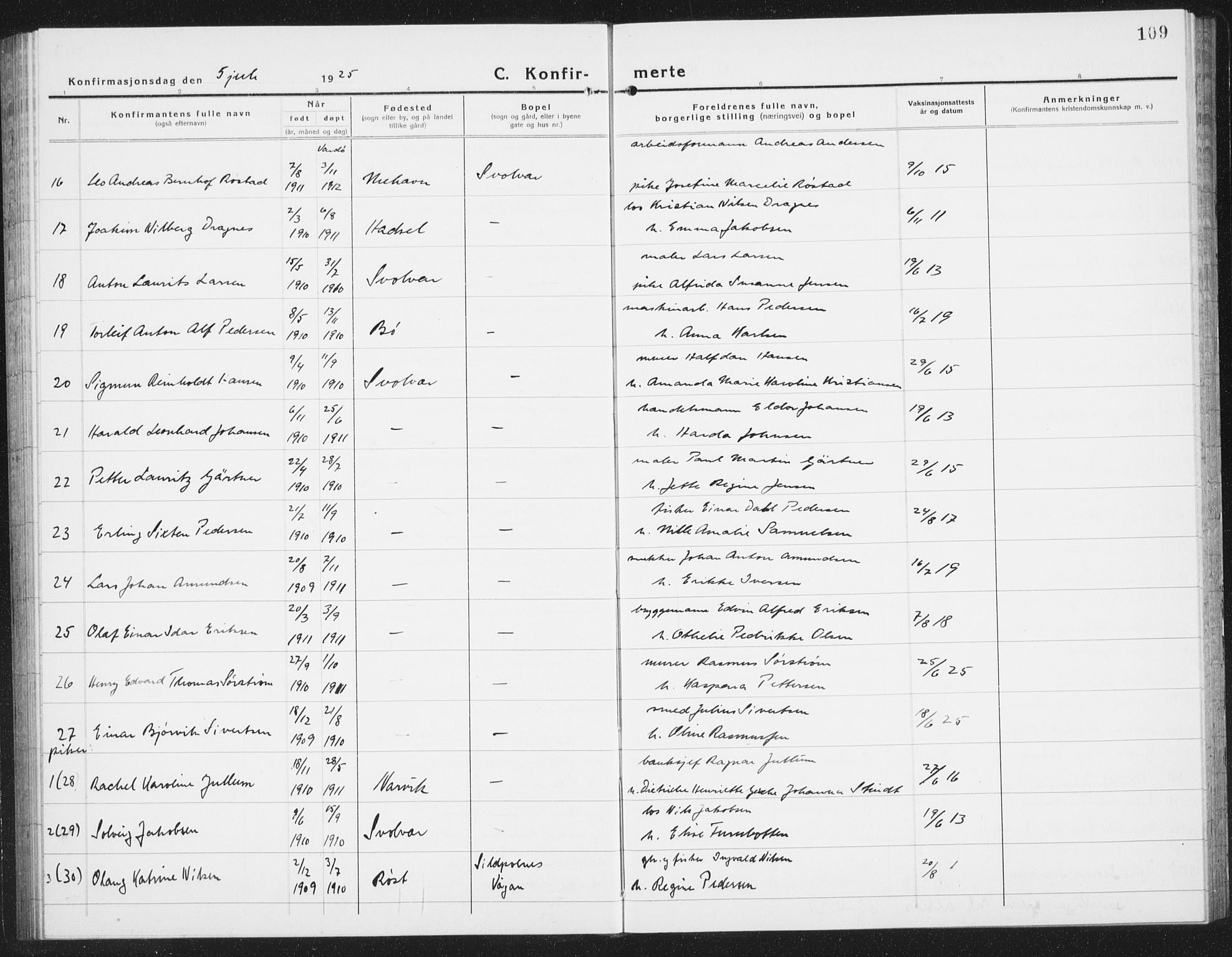 Ministerialprotokoller, klokkerbøker og fødselsregistre - Nordland, AV/SAT-A-1459/877/L1117: Parish register (copy) no. 877C01, 1923-1942, p. 109