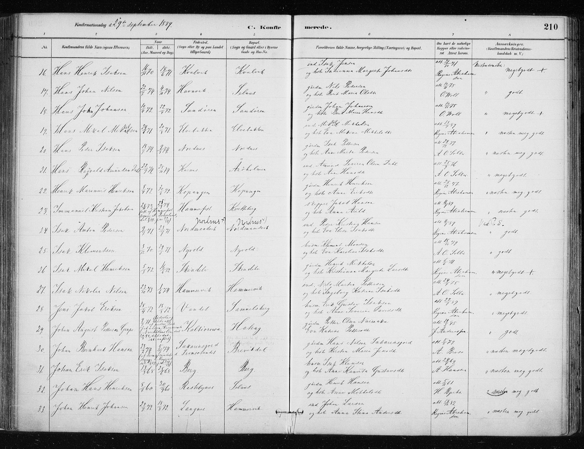 Lyngen sokneprestembete, AV/SATØ-S-1289/H/He/Hea/L0007kirke: Parish register (official) no. 7, 1879-1890, p. 210