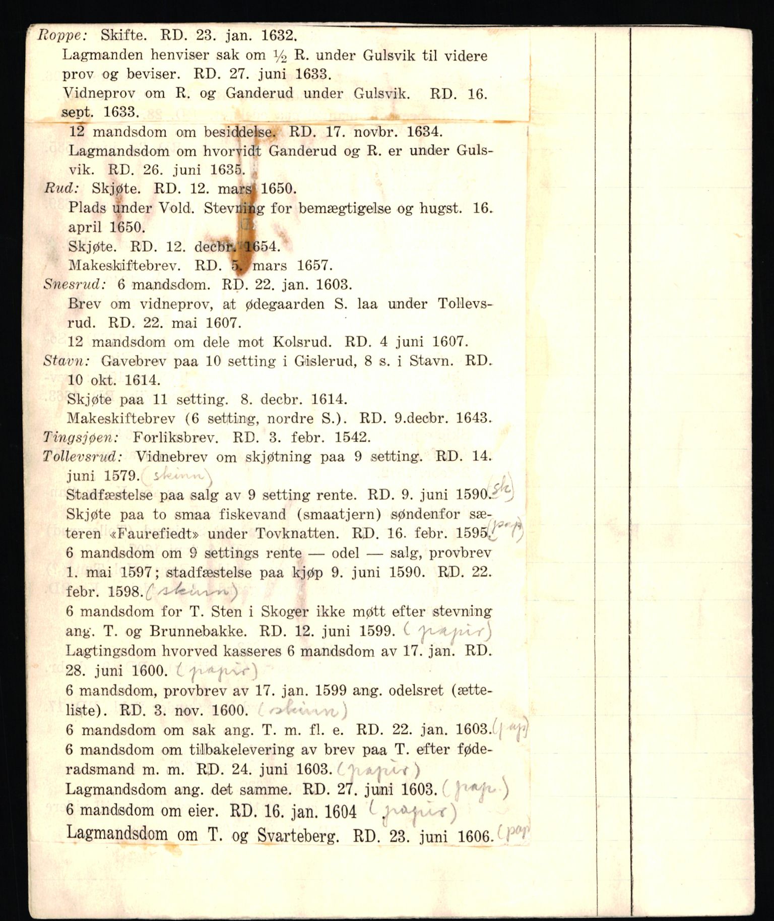 Riksarkivets diplomsamling, AV/RA-EA-5965/F35/F35e/L0012: Registreringssedler Buskerud 1, 1400-1700, p. 8