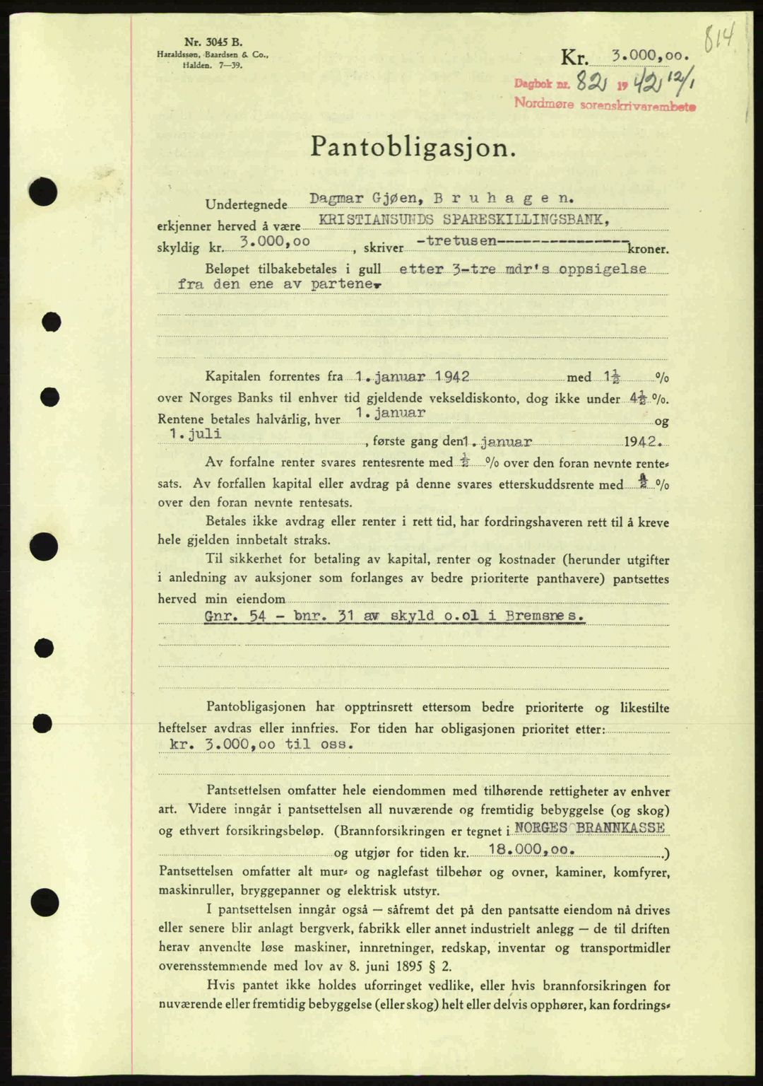 Nordmøre sorenskriveri, AV/SAT-A-4132/1/2/2Ca: Mortgage book no. B88, 1941-1942, Diary no: : 82/1942