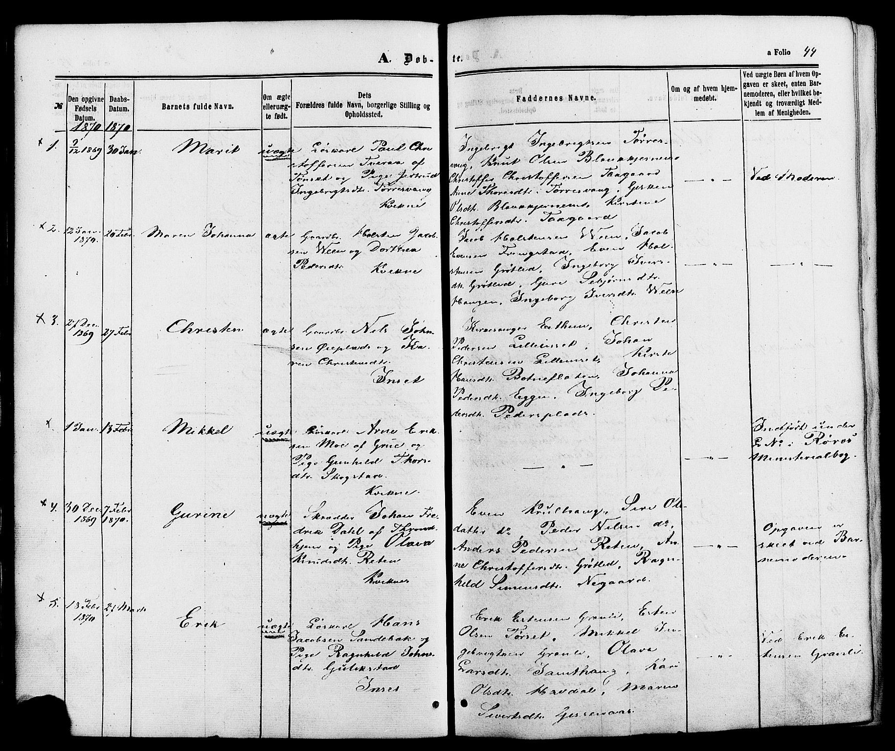 Kvikne prestekontor, SAH/PREST-064/H/Ha/Haa/L0006: Parish register (official) no. 6, 1863-1886, p. 44