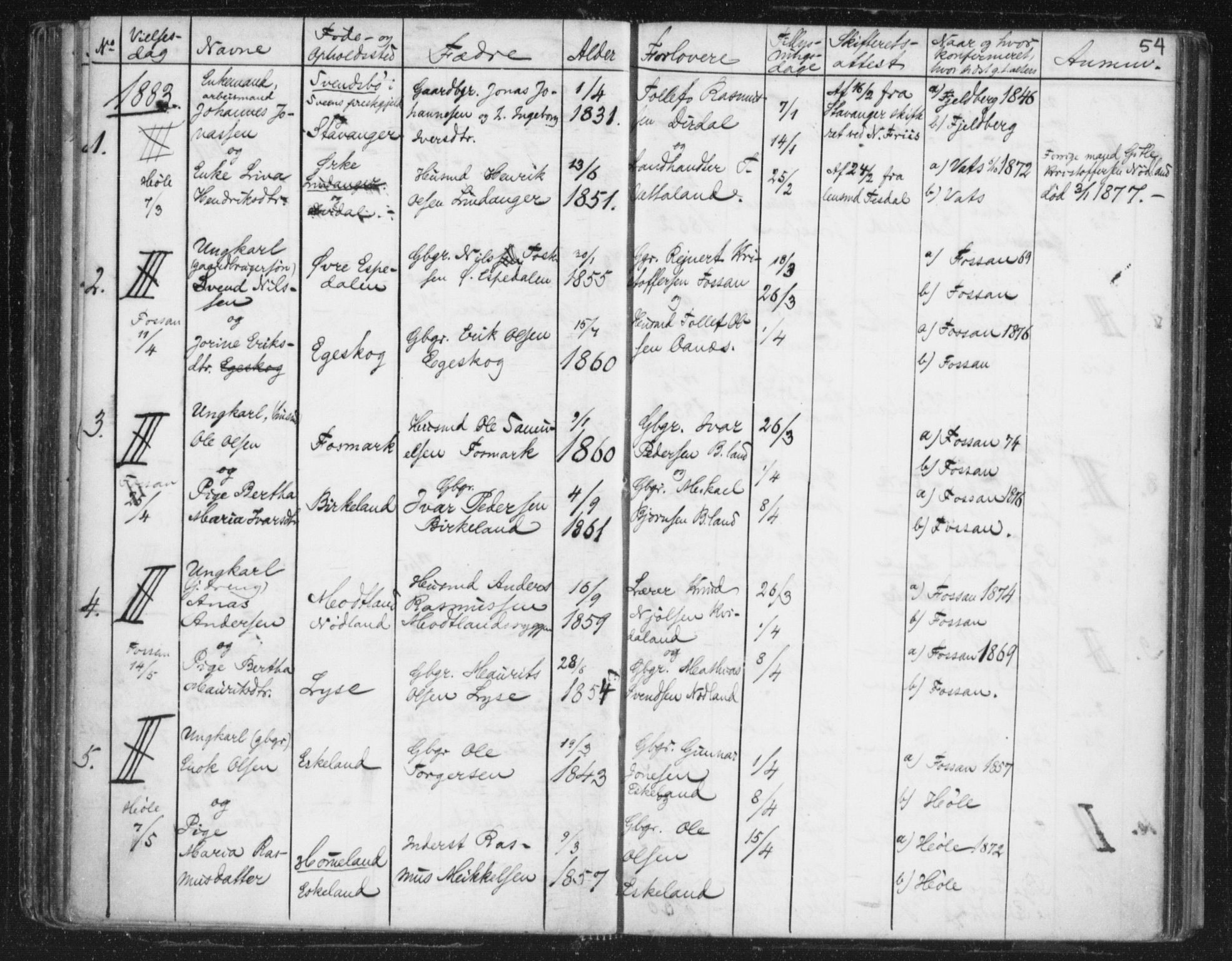 Høgsfjord sokneprestkontor, SAST/A-101624/I/Ie/L0001: Banns register no. 705.BA.1, 1871-1899, p. 54